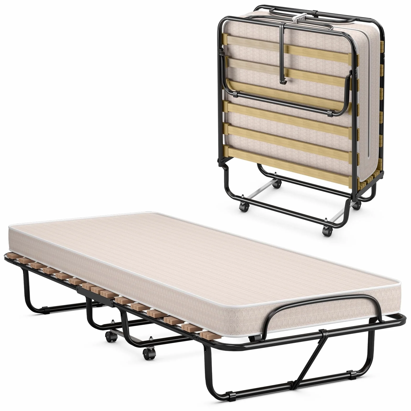 COSTWAY Łóżko dla gości 80x190 cm składane z materacem piankowym memory metalowe do 130 kg na kółkach beżowe