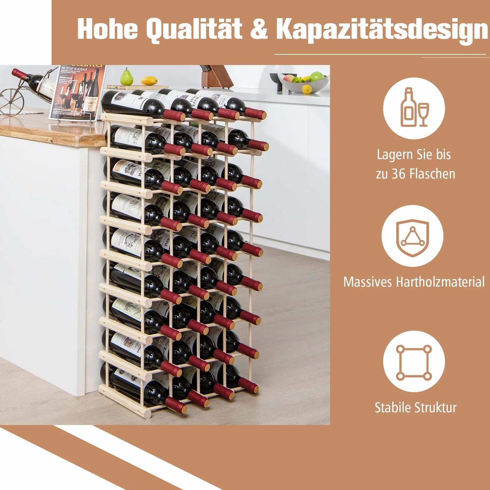 COSTWAY Drewniany regał na wino na 36 butelek stojak