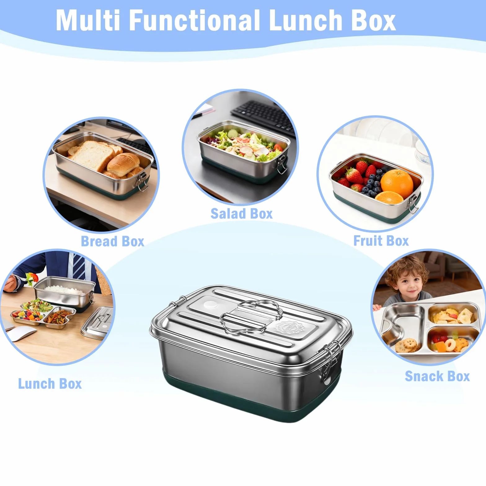 2000ml Pojemnik Obiadowy ze Stali Nierdzewnej z Pokrywą, 3 Przegródki i Podwójna Warstwa, Ekologiczny Trwały i Szczelny Lunch Box, do Podróż, Szkoły, na Piknik lub w Pracy