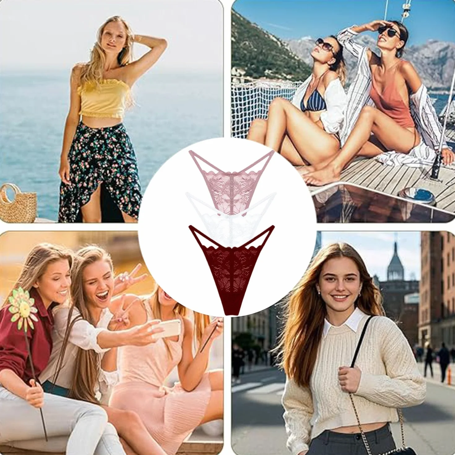 Luxiremi 2 sztuki bielizny hipsterskiej z wyciętym tyłem, seksowne stringi G, bielizna damska z koronki, majtki, bielizna, stringi damskie (białe, ciemnoczerwone i różowe)