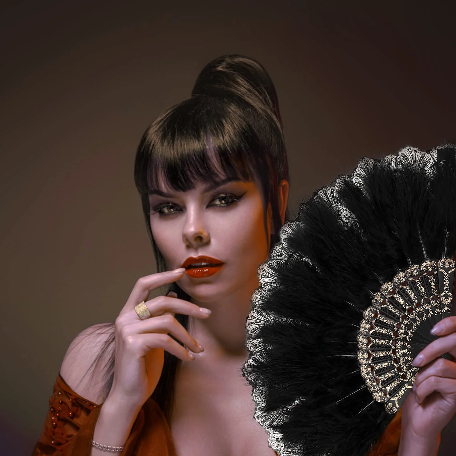 Mwoot Embroidered Flower Marabou Fan, lata 20-te Vintage Styl Folding Handheld Feather Fan, Fan Flapper Ręka do kostiumu Halloween Taniec Ślubna Impreza Prom Tea Party - Czarny