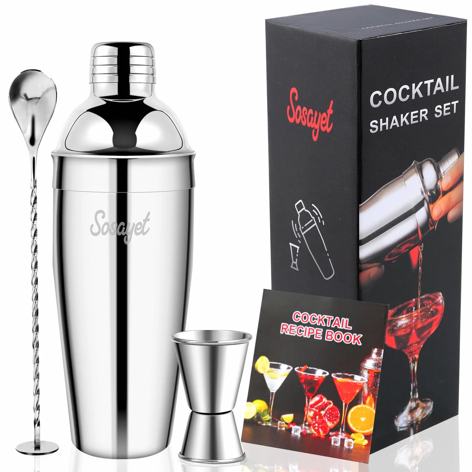 Zestaw koktajlowy, 3 częściowy zestaw do mieszania koktajli ze stali nierdzewnej z książką kucharską, 750 ML Cocktail Shaker Premium Bartender Set for Home, Bar