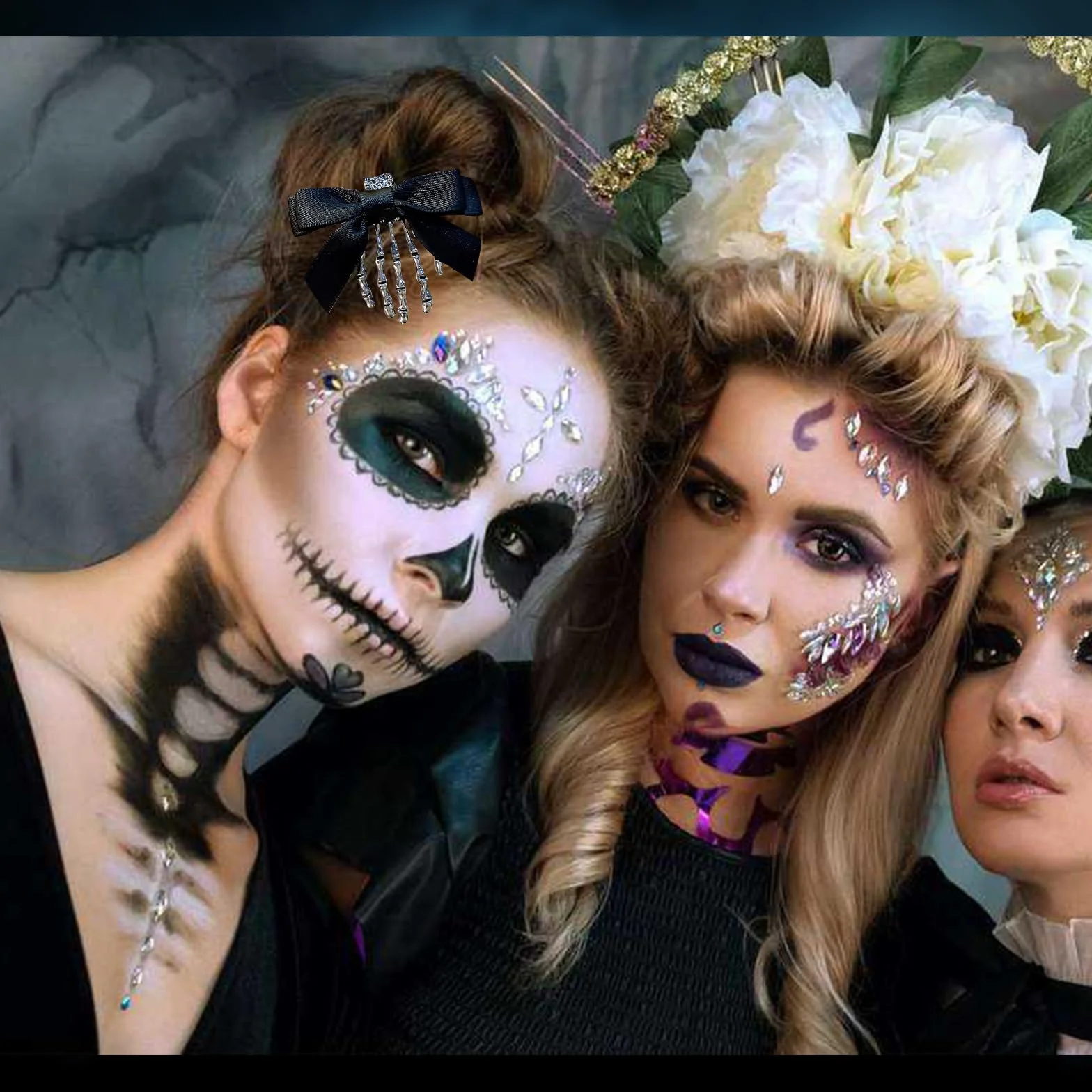 TONAUP Spinki do włosów na Halloween, z trupią czaszką, 2 sztuki, spinka do włosów z czarną muszką, w stylu vintage, na imprezę z horrorem, Halloween