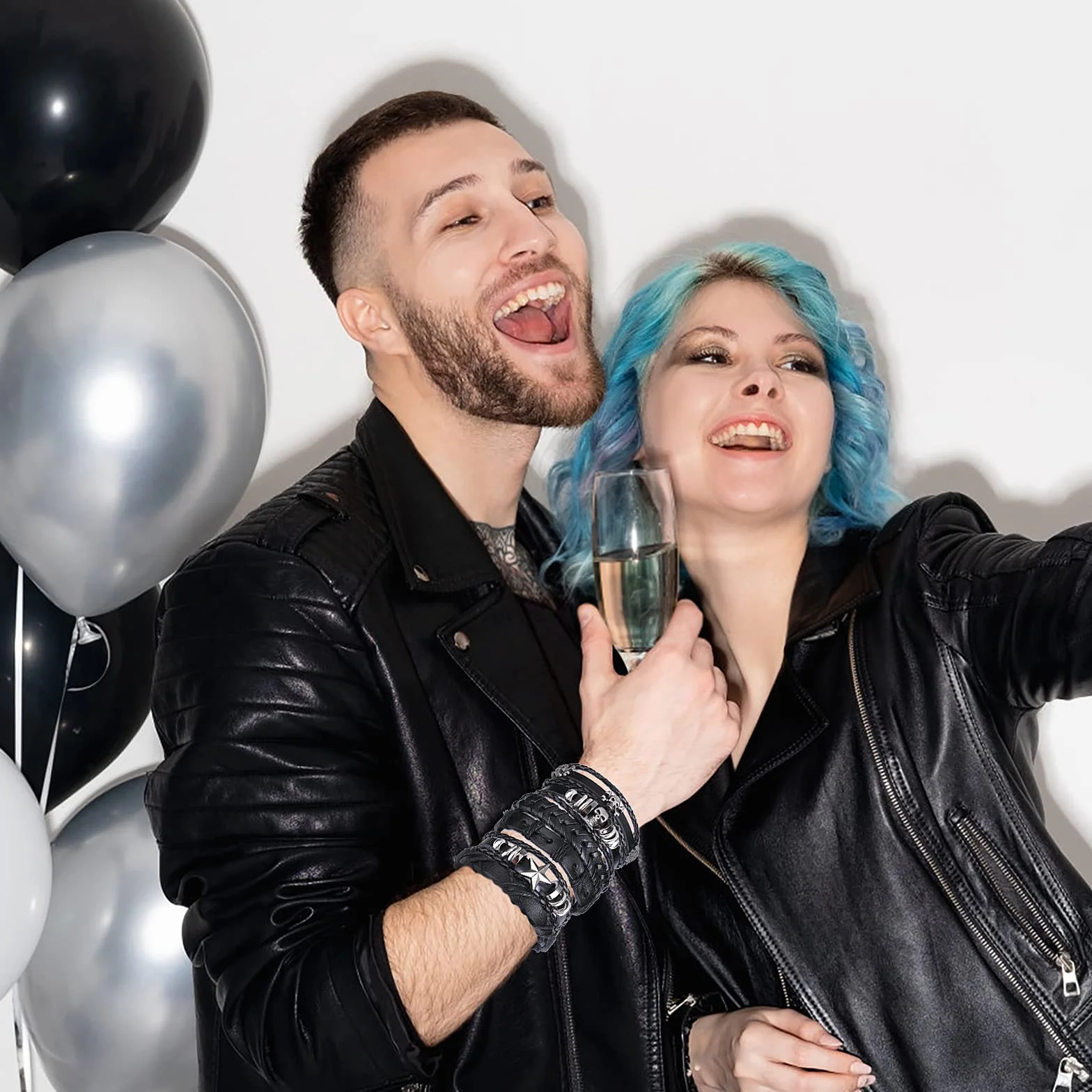 Skórzana bransoletka męska pleciona szeroka czarna punk rock czaszka zestaw regulowana długość