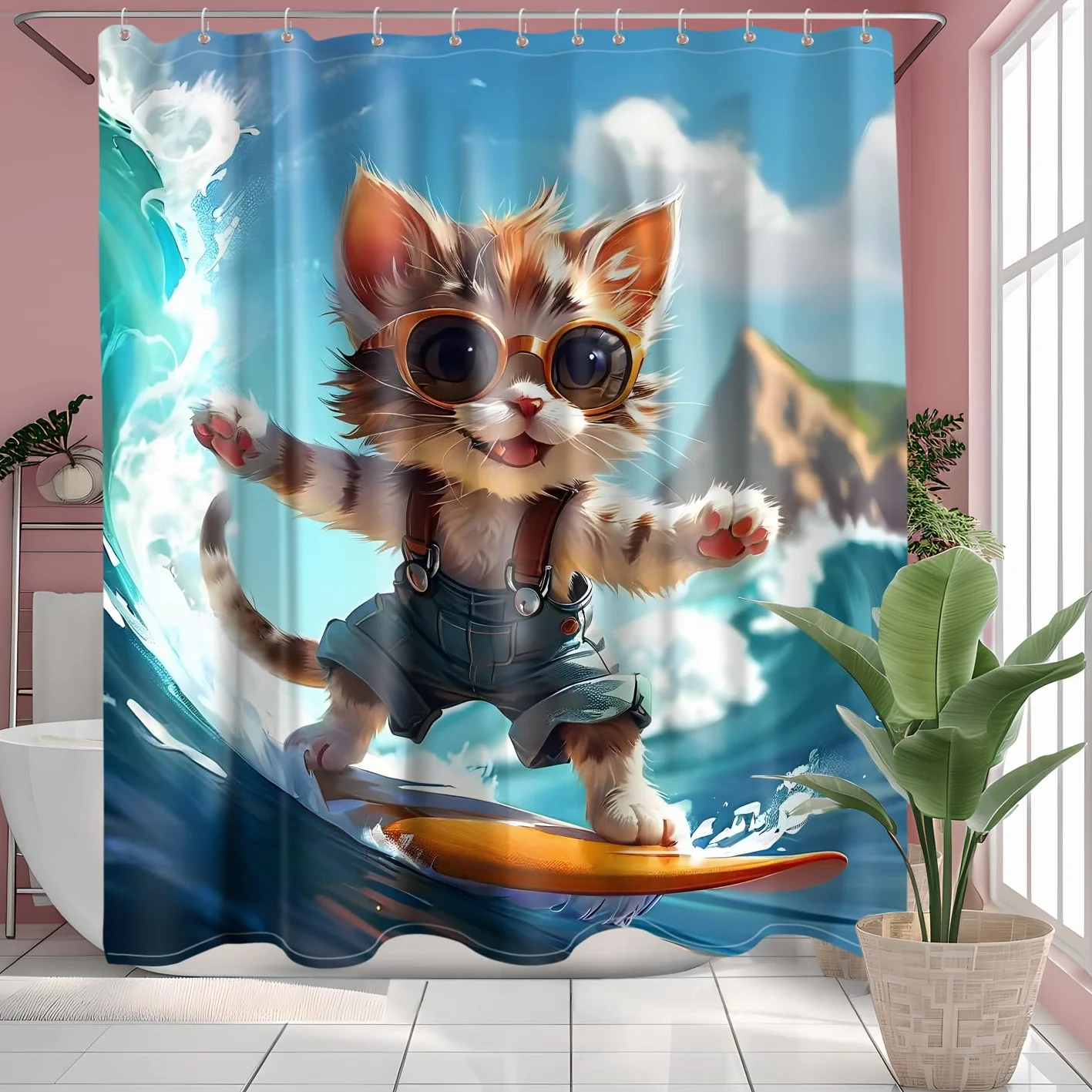 Zabawna zasłona prysznicowa z kotem 180 x 200 cm, urocza kreskówka zasłona do wanny, morze fala oceanu, zasłona łazienkowa, poliester, wodoodporne zasłony łazienkowe do łazienki dla dzieci