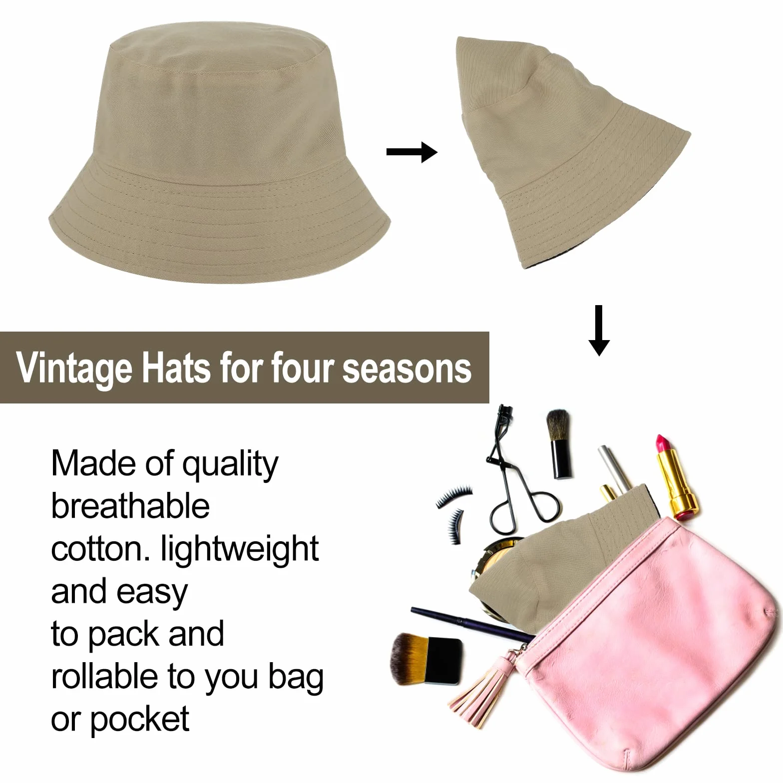 WLLHYF Kapelusz typu bucket odwracalny, dwukolorowy bawełniany kapelusz typu bucket składany kapelusz przeciwsłoneczny, Czarny/Khaki, rozmiar uniwersalny