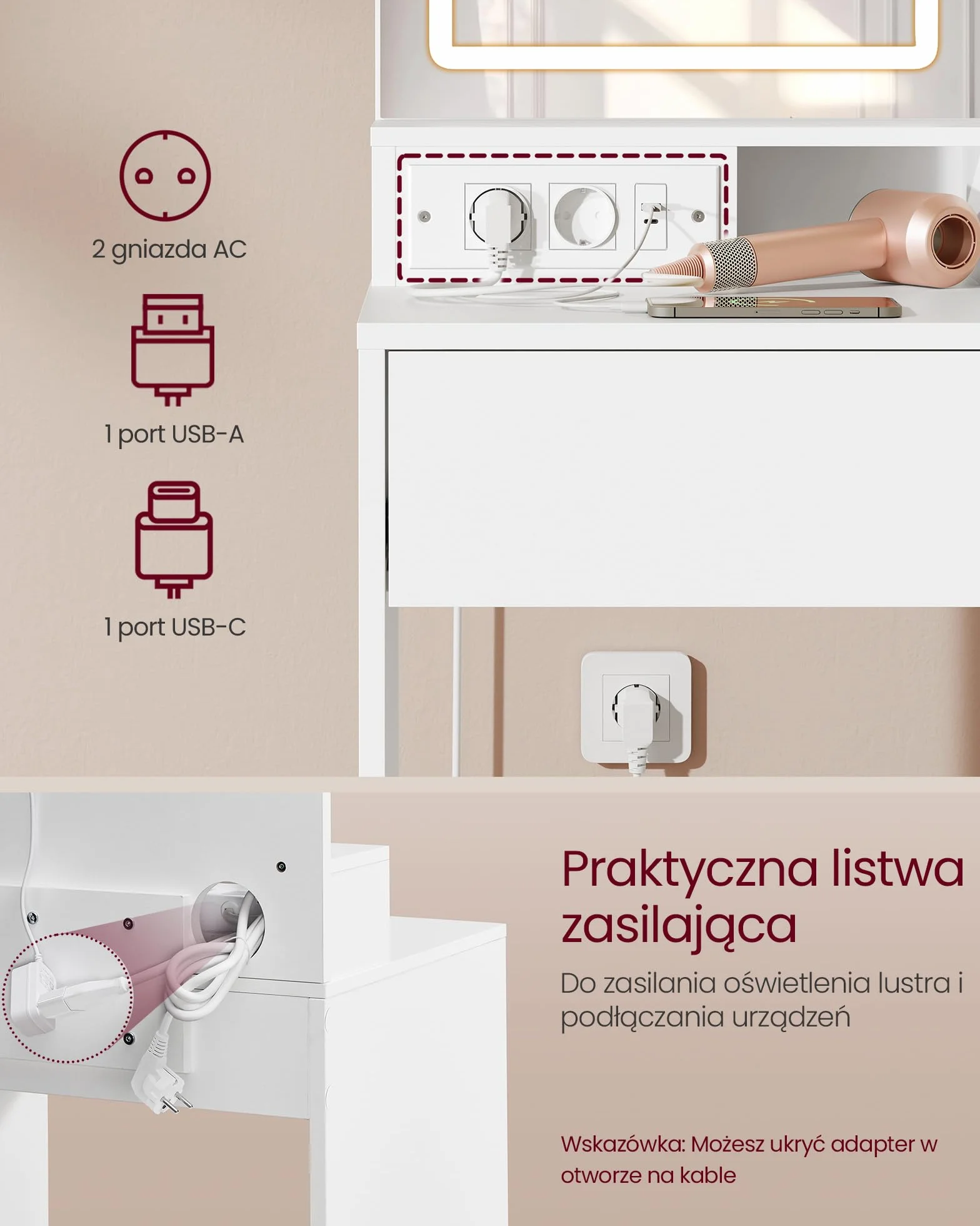 VASAGLE Kolekcja Kailyn – Toaletka z Lustrem LED i Listwą Zasilającą, Szafka z 2 Regulowanymi Półkami, Biała
