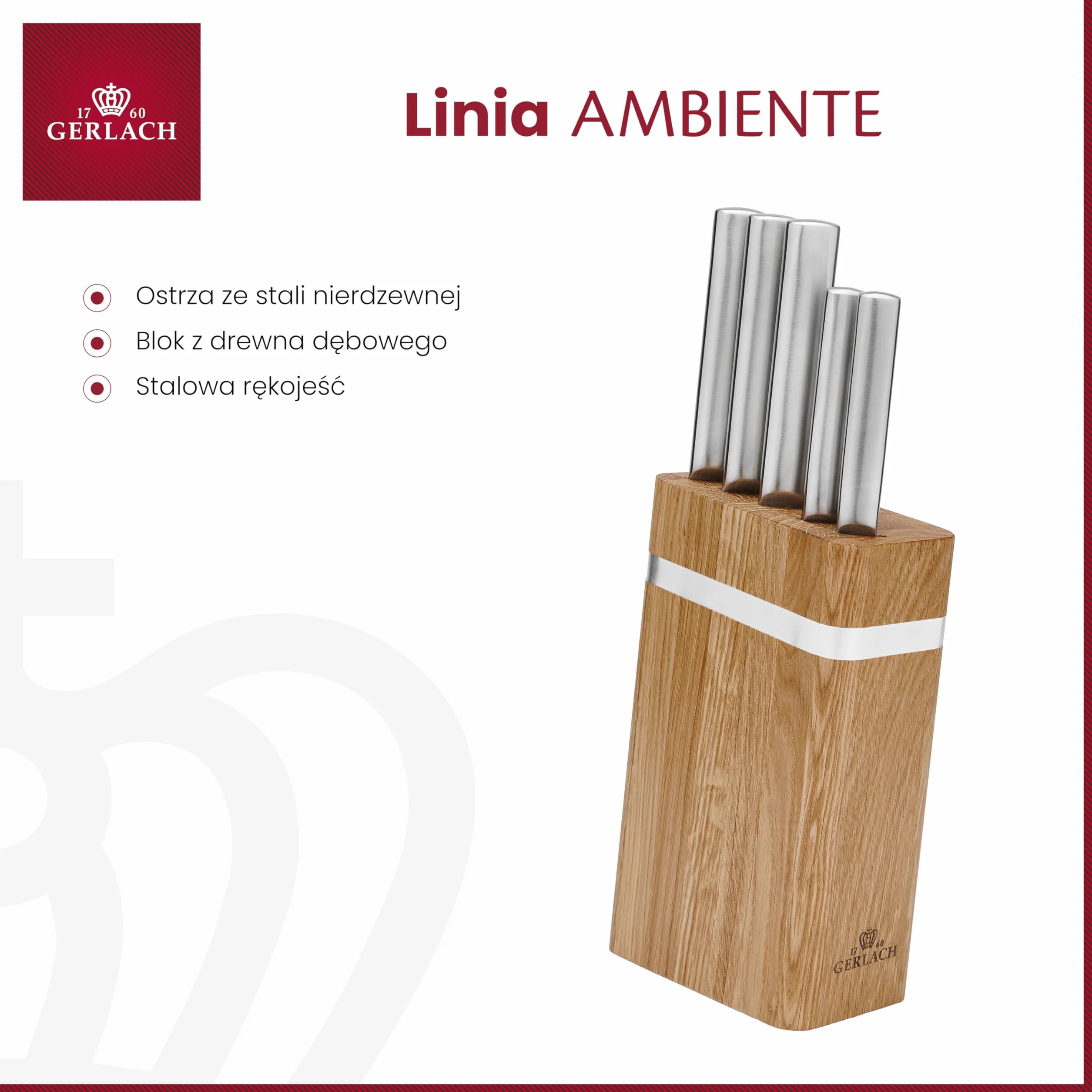 Gerlach Ambiente Oak NK997 Zestaw Noży w Bloku, Srebrny/Brązowy, 5 elementów