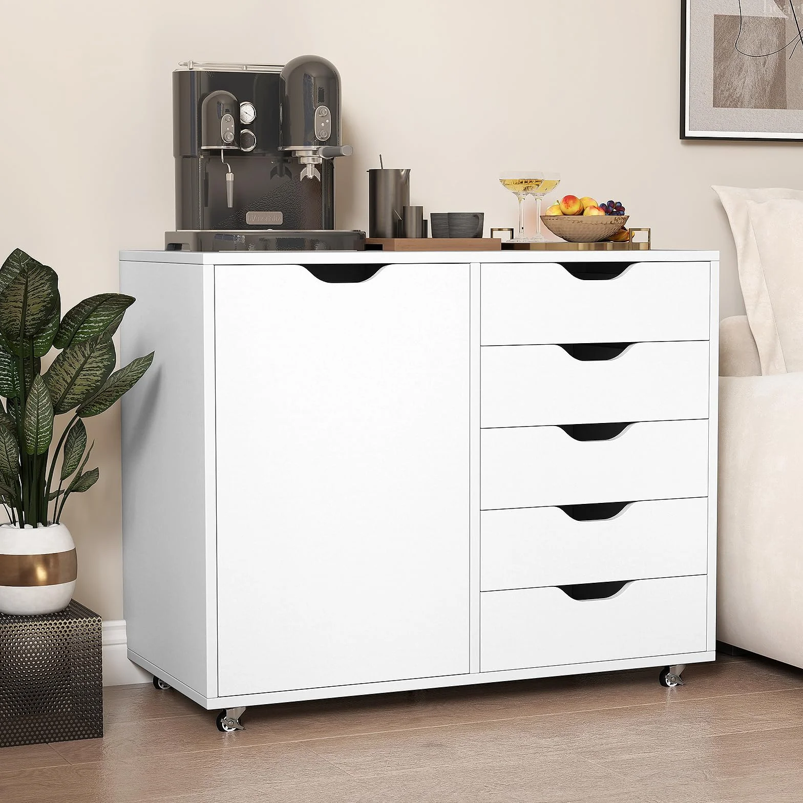 KOMFOTTEU Szafka na dokumenty z kółkami 5 szuflad biały 79x39x65 cm