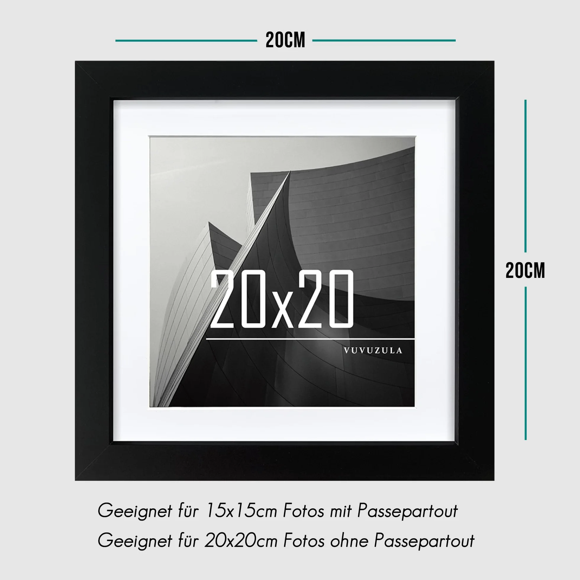 VUVUZULA Ramka na zdjęcia 20 x 20 cm, czarna drewniana ramka na zdjęcia 20 x 20 cm, ramka z płyty MDF z passe-partout, 15 x 15 cm, zestaw 3 szt