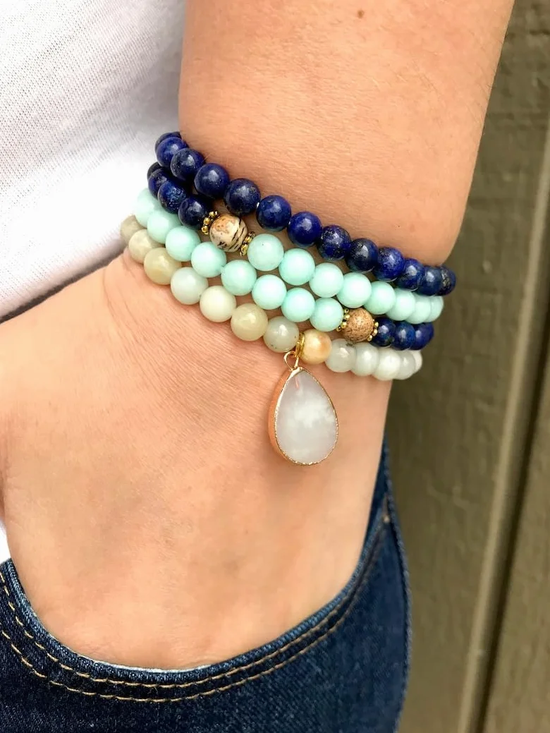 Naturalny amazonit i lapis lazuli 8 mm 108 koralików mala, duchowe, koraliki medytacyjne, Reiki, Japa Mala, buddyjskie koraliki modlitewne, bransoletka do jogi, koraliki lecznicze