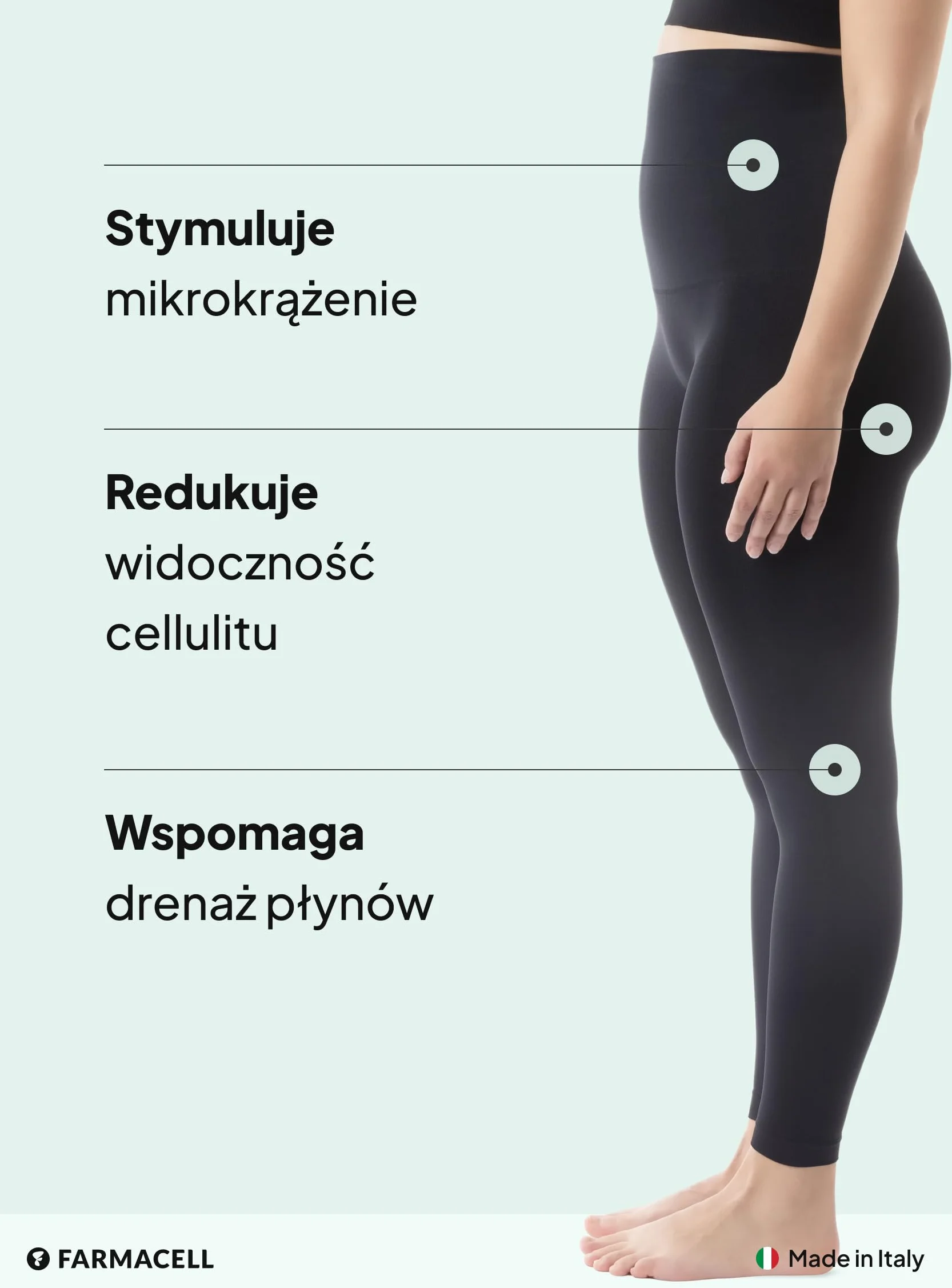 Farmacell Legginsy Antycellulitowe Damskie Modelujące z Efektem FIR, Odwijany Pas, Made in Italy, 609Y