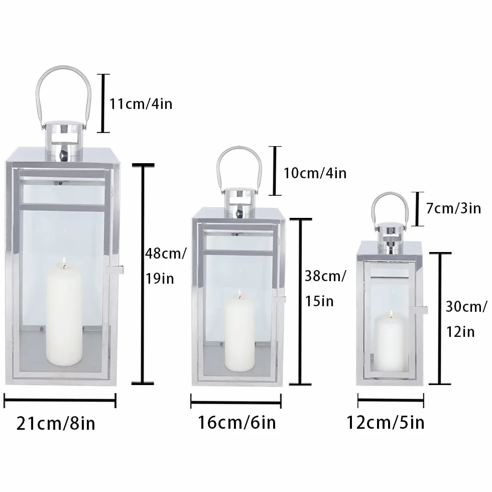 TRIROCKS Zestaw 3 Lampionów ze Stali Nierdzewnej 48 cm 38 cm 30 cm Srebrny