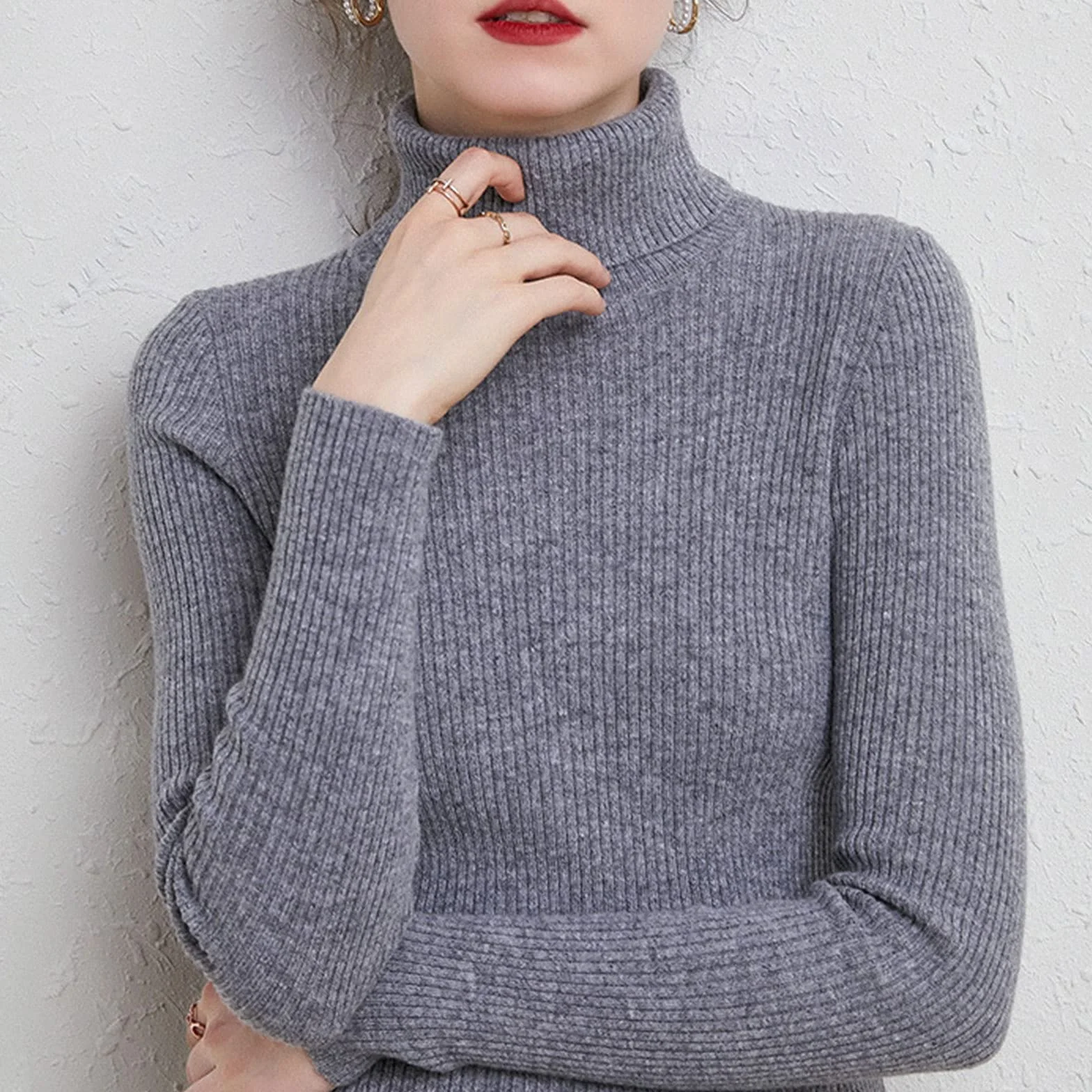 EMDPBD Damski sweter golf, dzianinowy sweter z długim rękawem ciepły sweter na co dzień ciepły dzianinowy sweter topy, ciemnoszary-XL