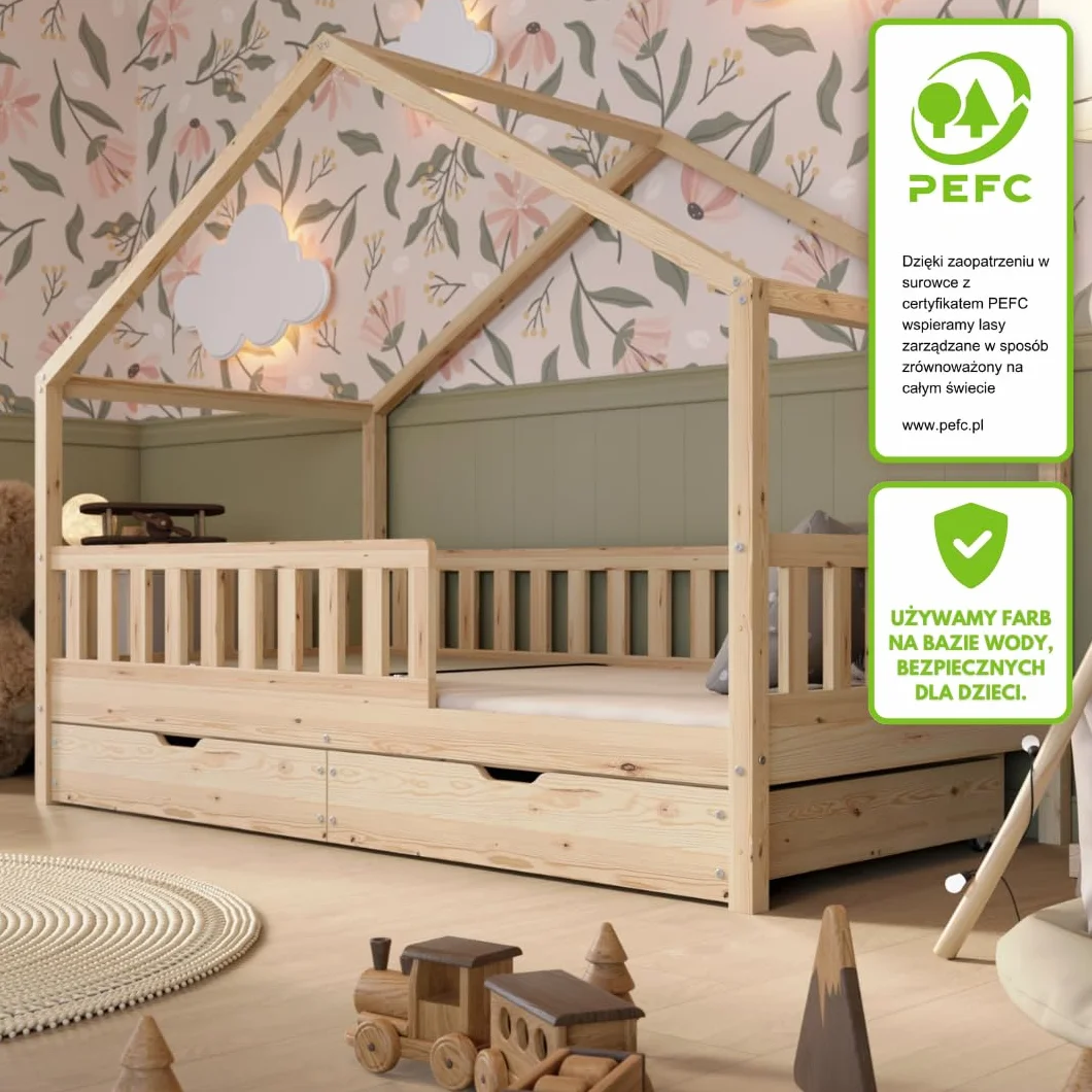 Łóżko domek z szufladami Crazy House 200 x 120 cm – Łóżko dziecięce z naturalnego drewna z odkręcaną barierką – Łóżko Montessori