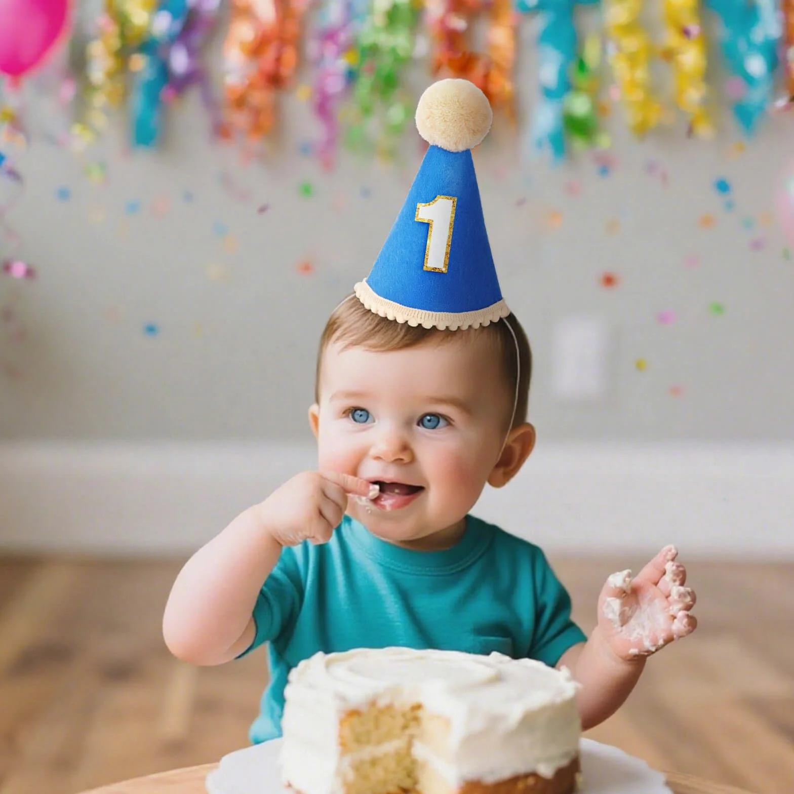 DRESHOW 1 Urodzinowy Kapelusz dla Niemowląt Pierwsze Urodziny Stożkowe Kapelusze z Pomponami Cake Smash Photo Props Nakrycia Głowy dla Dziewczynek i Chłopców