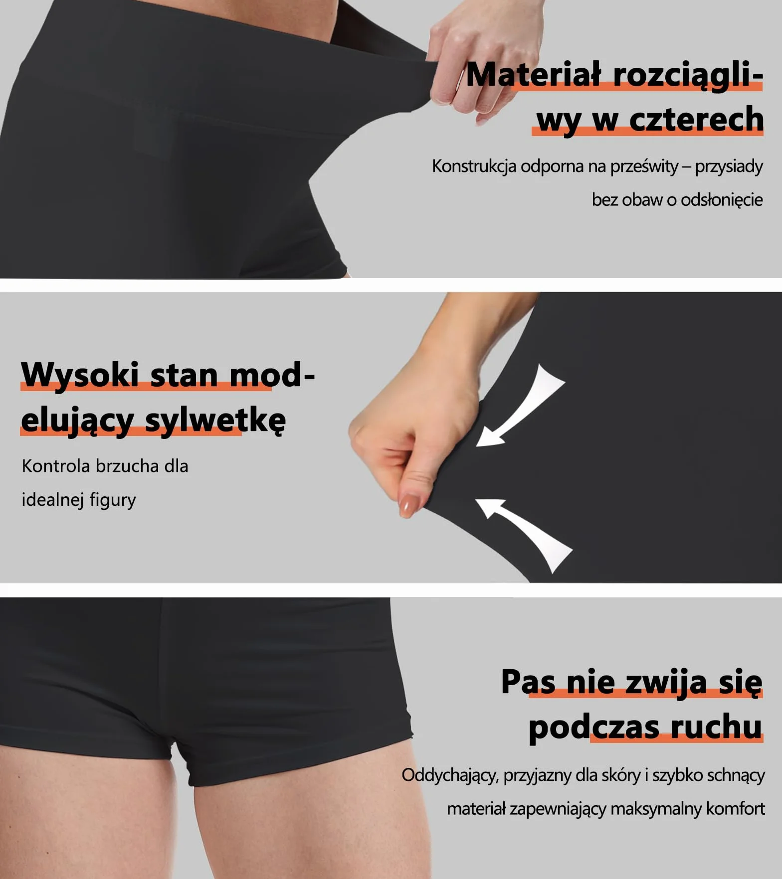 Damskie szorty wysokim stanem – elastyczne rozciągliwe spodenki sportowe, szybkoschnące, oddychające, zapobiegające otarciom, pod spódnicę, do jogi, biegania, na rower i siłownię