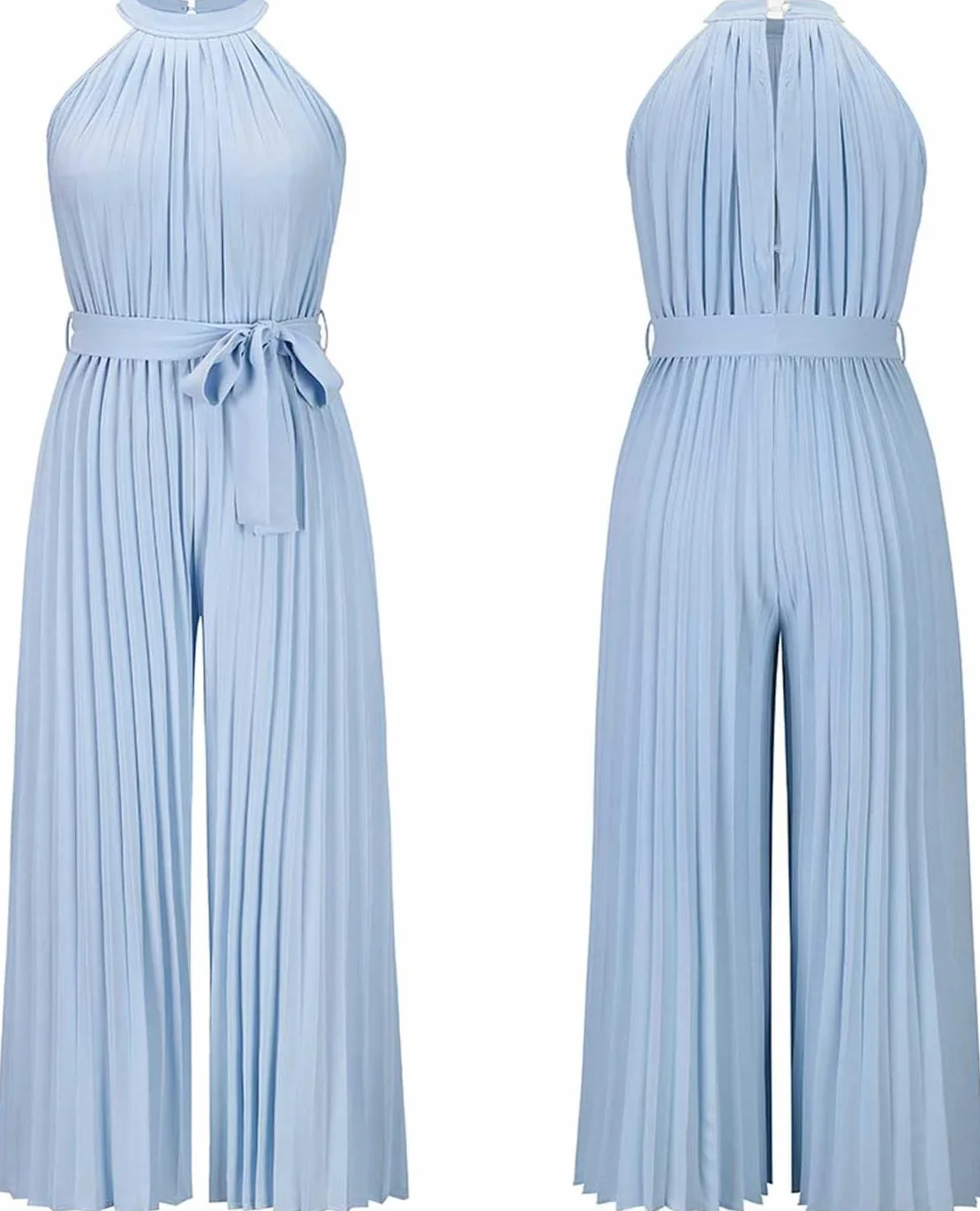 Odzież na co dzień Damskie letnie kombinezony Halter Neck Bez rękawów Plisowany kombinezon z szerokimi nogawkami Eleganckie spodnie (Color : Blue, Size : L/Large)