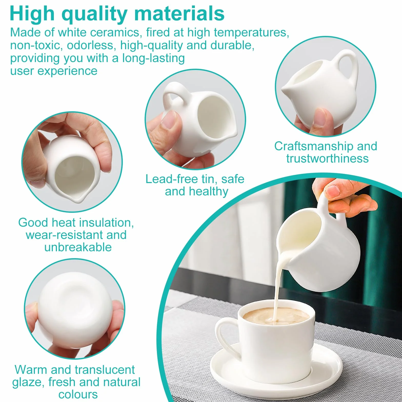 6 szt białe ceramiczne mini dzbanki na mleko 50ml, mini dzbanki do nalewania mleka, małe białe dzbanki na sos z łyżką do mleka, kawy, sosu, sosu, dzbanuszka do śmietanki, pojemnik na syrop
