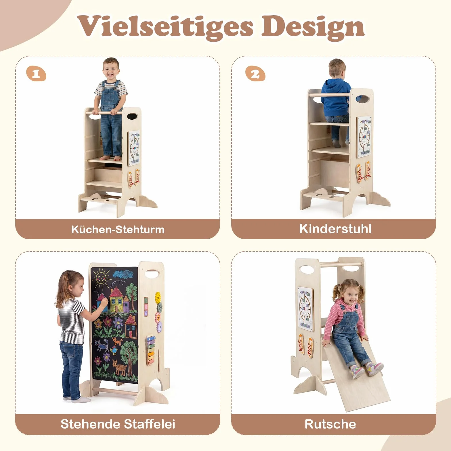 COSTWAY Wieża edukacyjna 4 w 1 z drewna bukowego, taboret Montessori z regulowaną wysokością