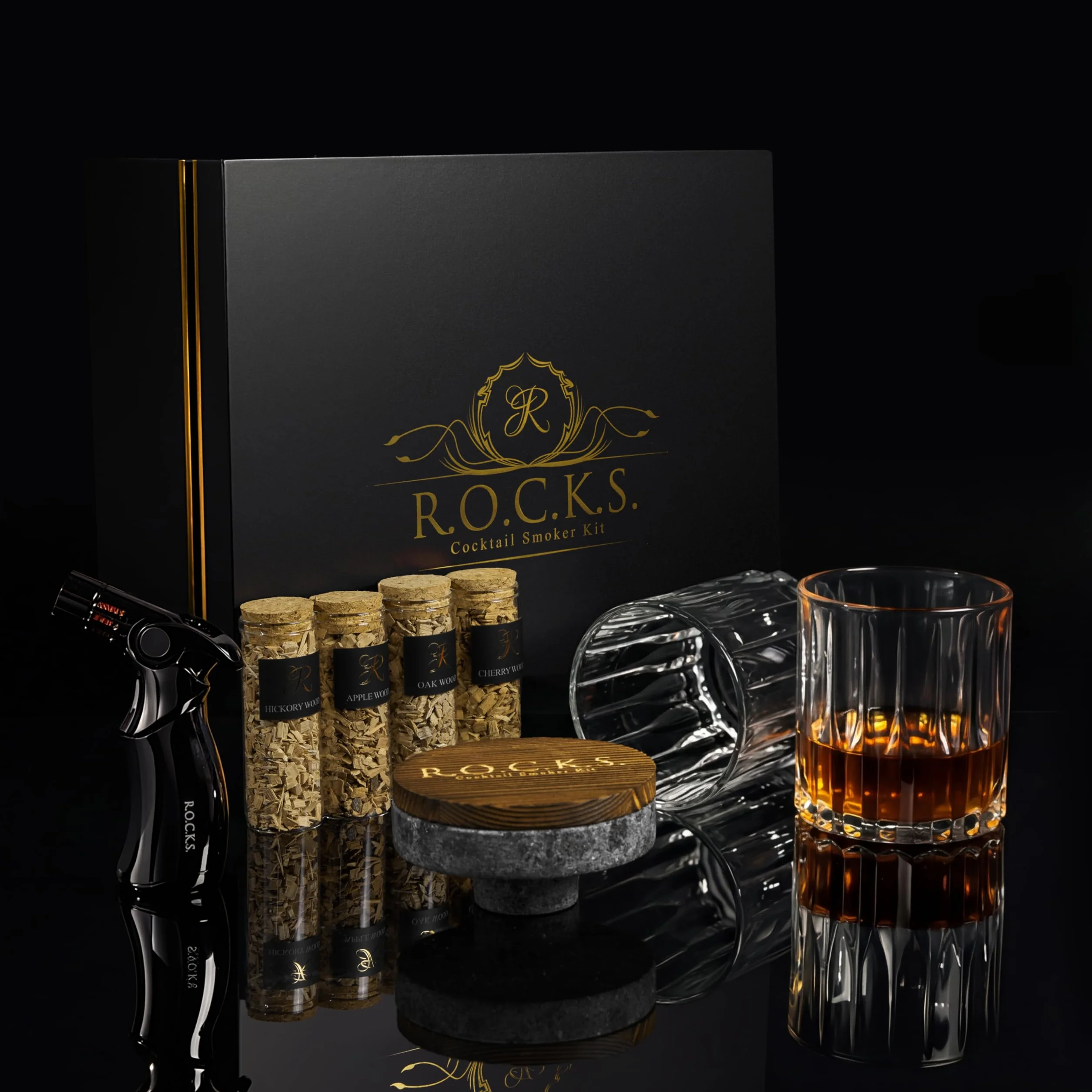 Zestaw do Wędzenia Koktajli z Granitu z Palnikiem – Wędzarka do Whisky i Bourbonu – Zestaw Old Fashioned z 4 Smakami Wiórków Drzewnych – Akcesoria Barowe Prezent dla Miłośników Whisky