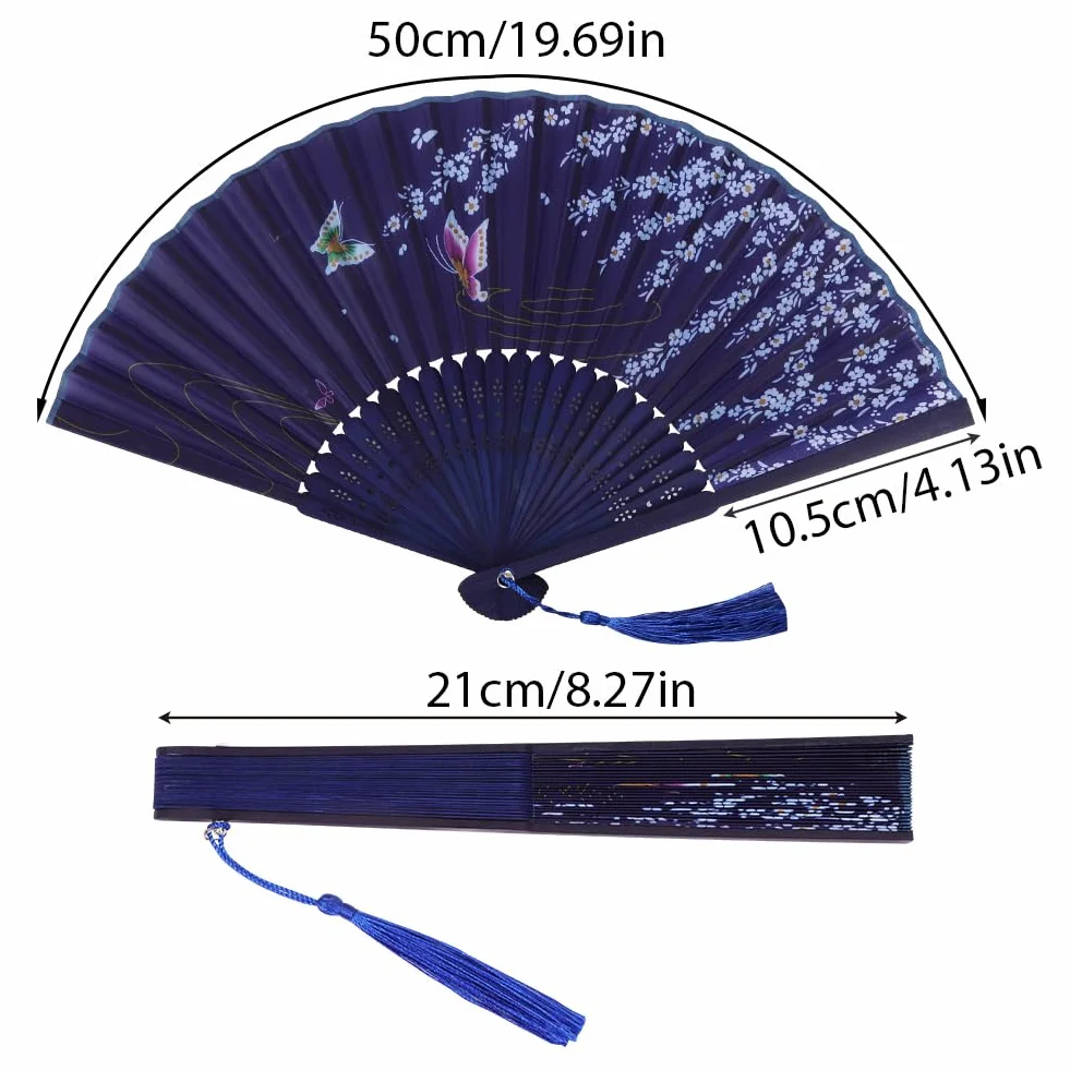 Składane wachlarze, 4 szt., ręczny wachlarz, tkanina, chiński wachlarz z frędzlami, na prezenty urodzinowe, do tańca, cosplay, na wesele, rekwizyty, dekoracja, niebieski + biały + fioletowy +