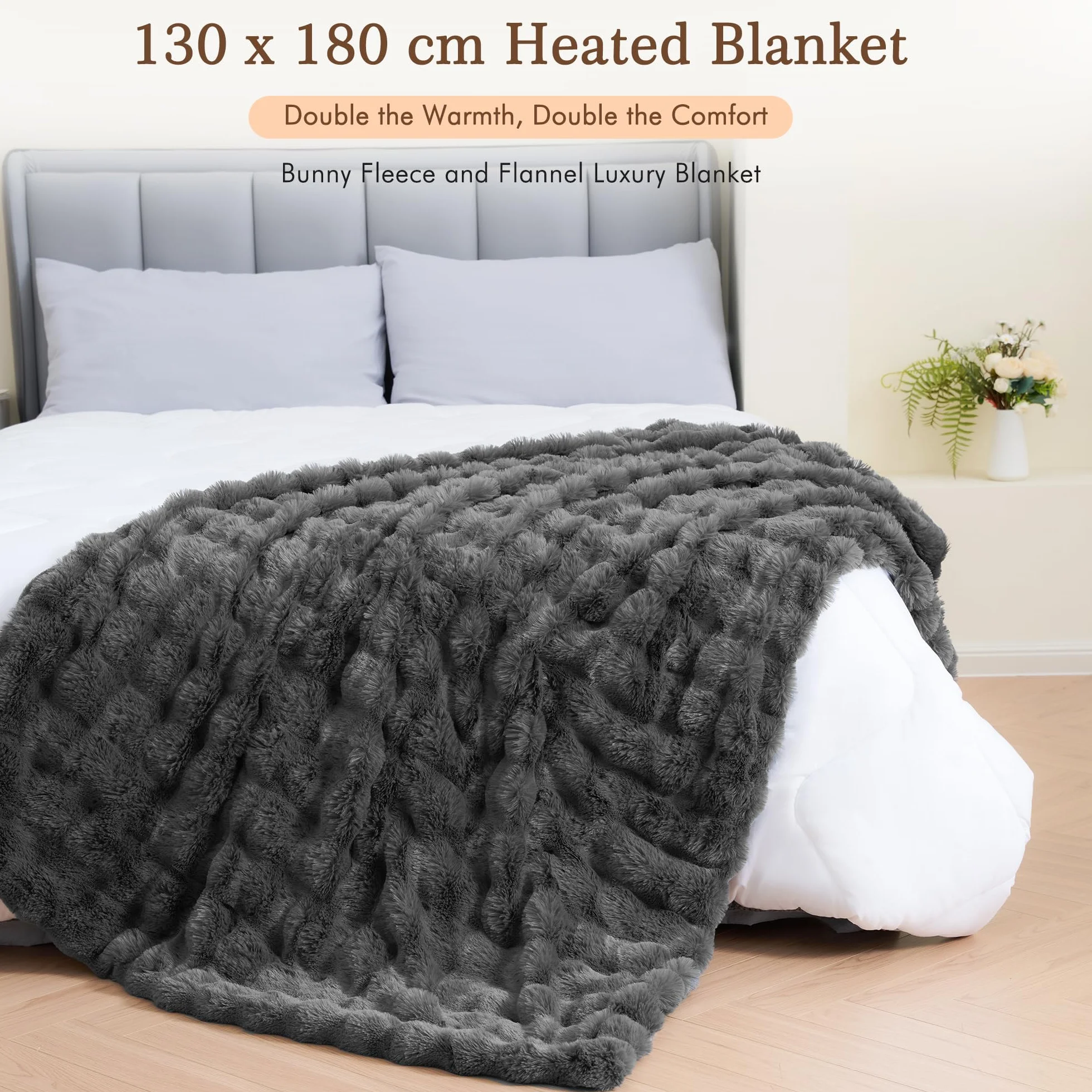 Elektryczny koc grzewczy 130x180 cm, puchaty wzór z króliczego futerka i flaneli, 4 poziomy grzania, automatyczne wyłączanie 10h, nadaje się do prania w pralce
