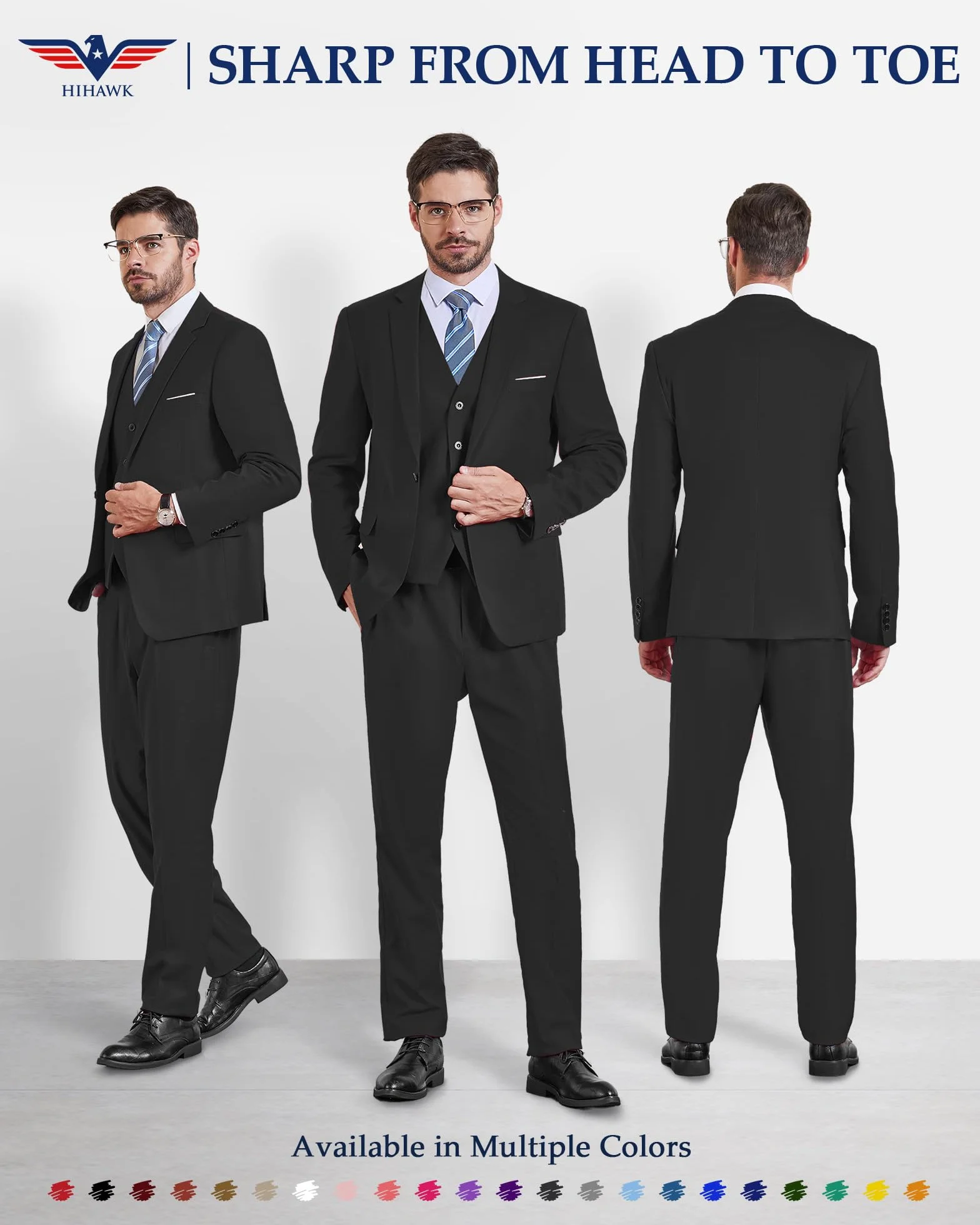 Hihawk Męski 3-częściowy zestaw garniturowy z krawatem, jednokolorowa marynarka slim fit, kamizelka i spodnie, garnitury dla mężczyzn, na wesele, przyjęcie, do biznesu