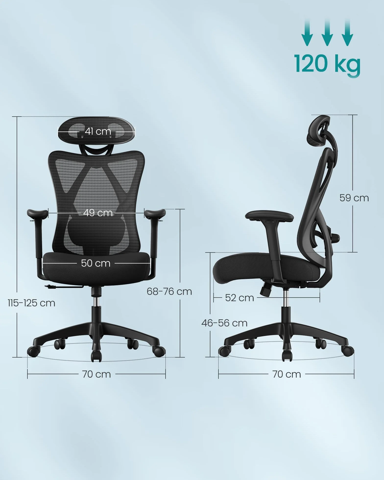 SONGMICS Ergonomiczne krzesło biurowe siatkowe, regulowana poduszka lędźwiowa, nośność 150 kg, czarny