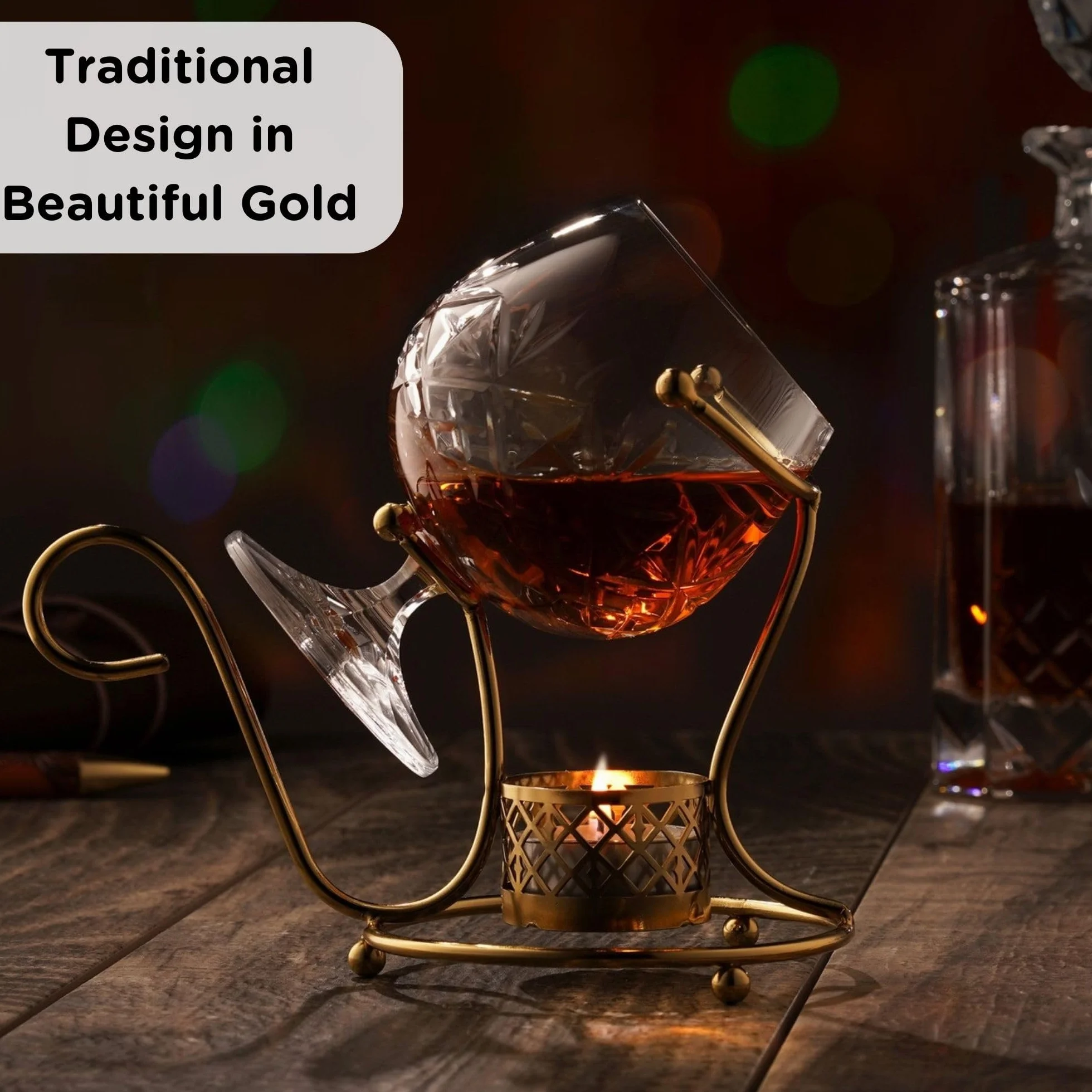 Zestaw Upominkowy Brandy Złoty Uchwyt na Podgrzewacz Metalowy Stojak Kieliszek do Wędliny HC07BWG