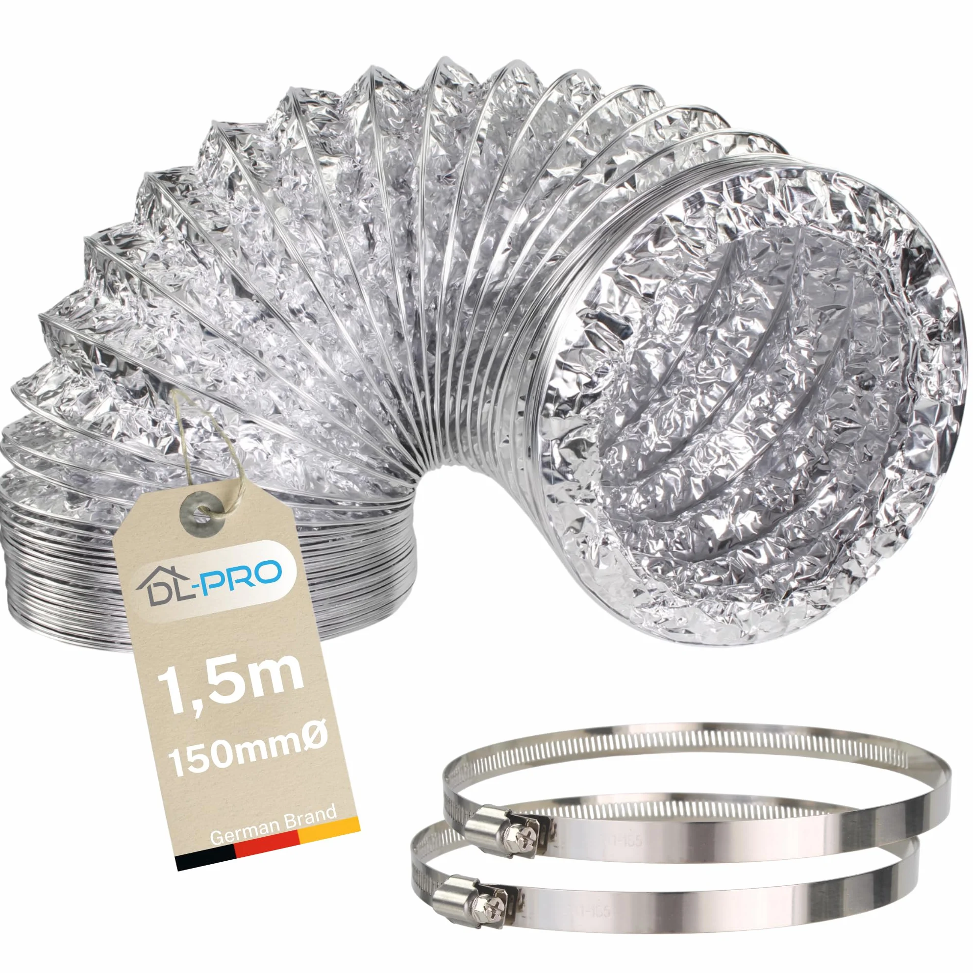 DL-pro Aluminiowy wąż powietrza wylotowego 1,5 m Ø 150/152 mm wentylacyjny do klimatyzacji z zaciskami W4