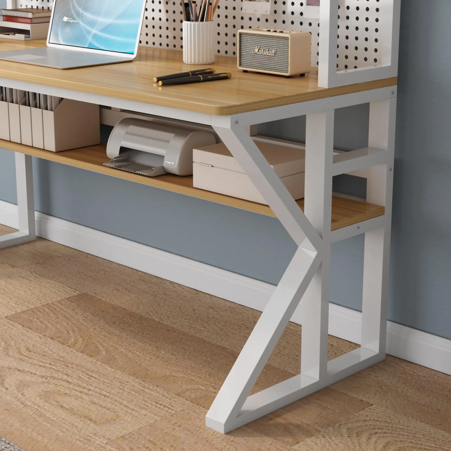Solid Wood Computer Desk with Storage Shelves & Pegboard Large Study Writing Table Brown & White 39" W x 69" H x 23.6" D