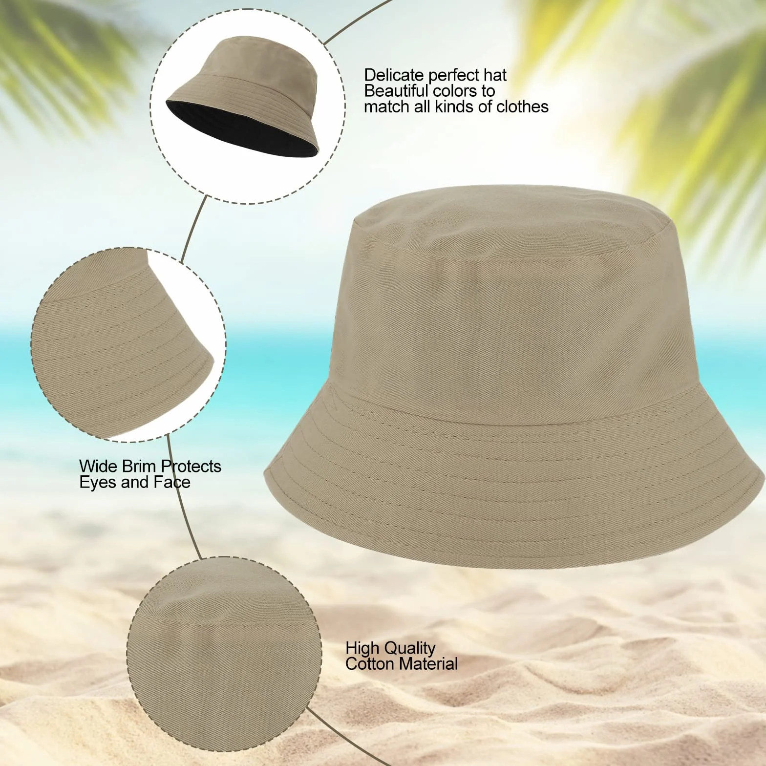 WLLHYF Kapelusz typu bucket odwracalny, dwukolorowy bawełniany kapelusz typu bucket składany kapelusz przeciwsłoneczny, Czarny/Khaki, rozmiar uniwersalny