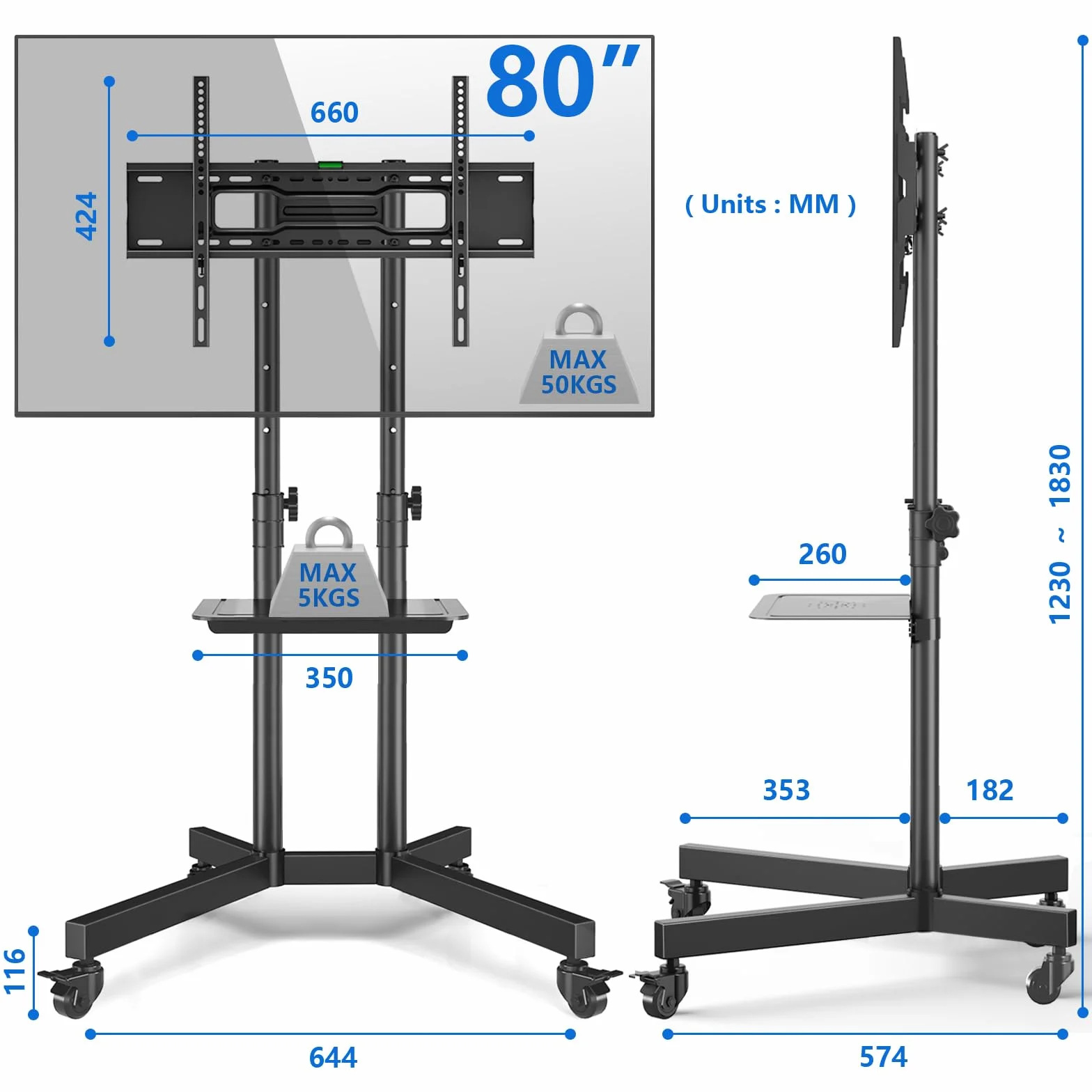 RFIVER Mobile TV Stand na kółkach do 32-75 cali, VESA 600x400mm, MAX 50kg, regulowana wysokość