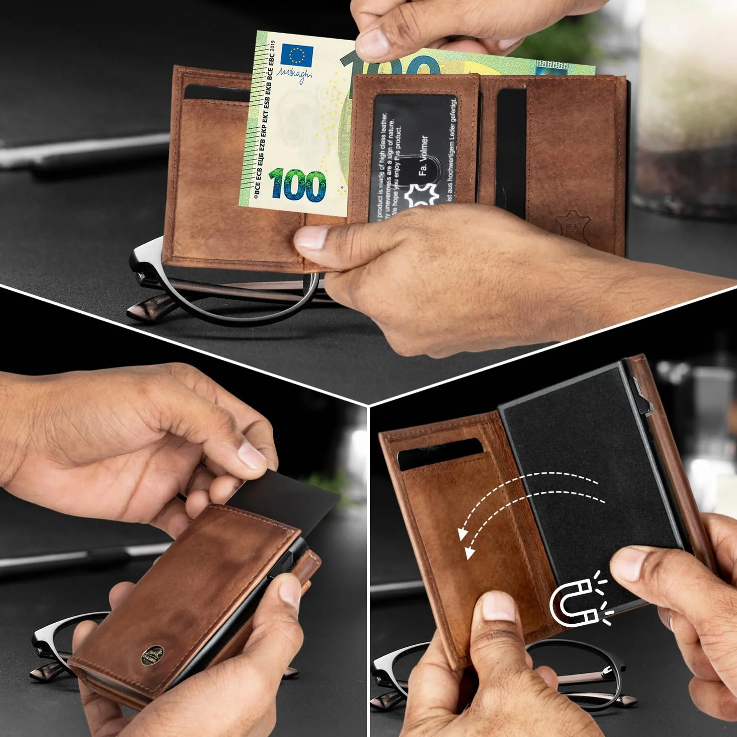 Fa.Volmer POP-UP etui na karty z przegródką na monety z prawdziwej skóry dla mężczyzn i kobiet | 11 kart | ochrona RFID | portfel, antyczny brąz, Großes Münzfach, Duża przegródka na monety