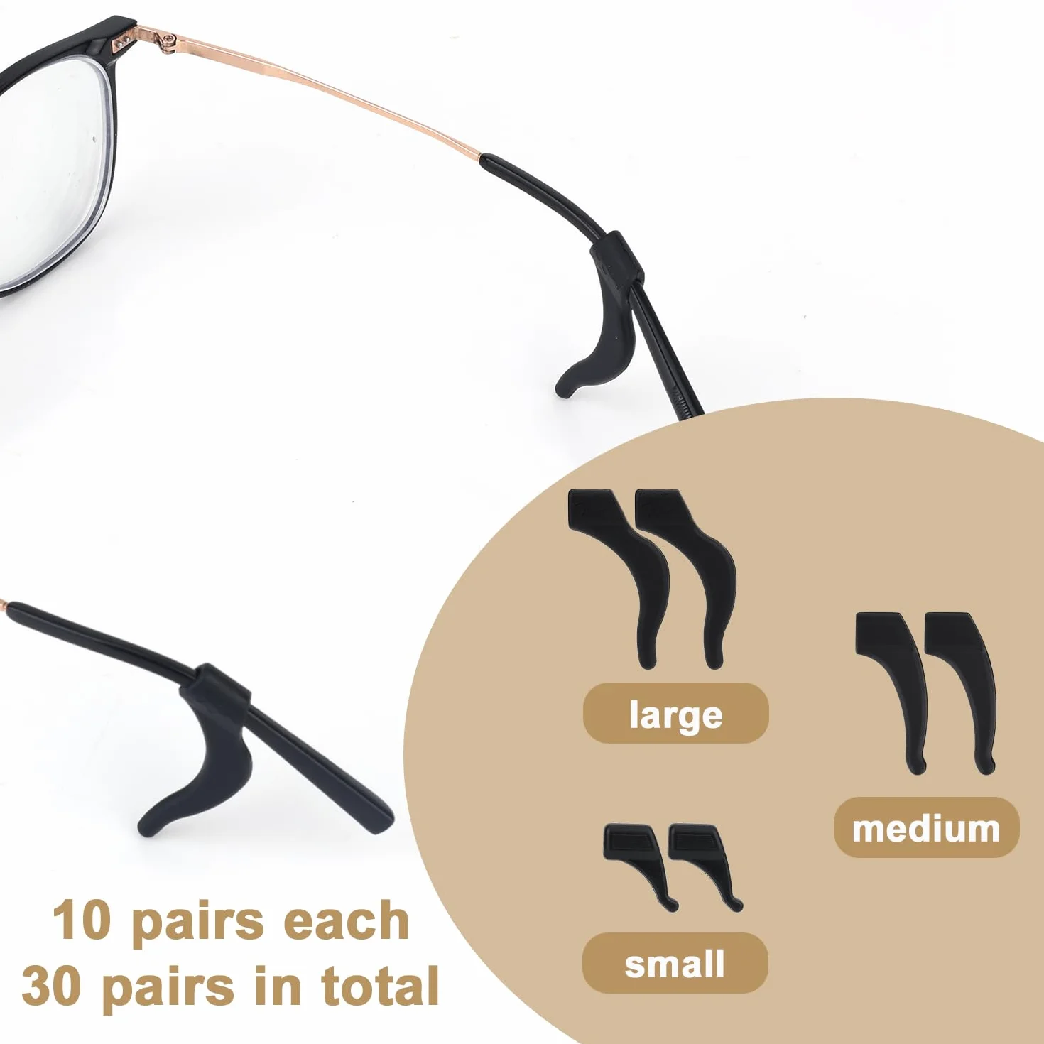 30 Par Uchwyty na Uszy do Okularów, Silikonowe Antypoślizgowe Uchwyty na Okulary Poduszka Końcówki Zauszników Okularów Uprawiania Sportu Okulary do Czytania Przeciwsłoneczne (Czarne)