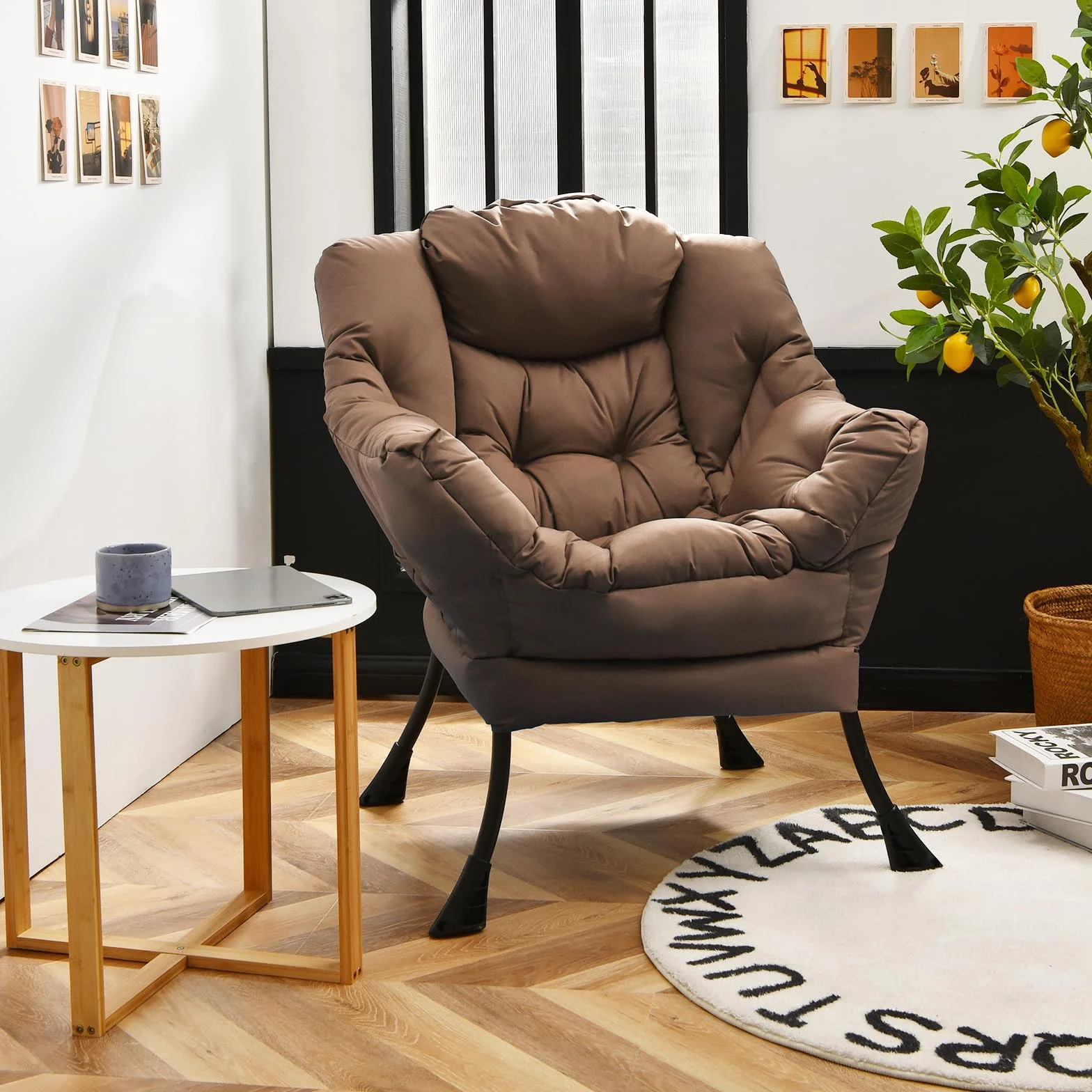 COSTWAY Fotel Tapicerowany Relaksacyjny z Podłokietnikami i Kieszenią Boczną, Fotel Telewizyjny z Uszami do Salonu, Sypialni i Biura, Nośność 113 kg, Brązowy