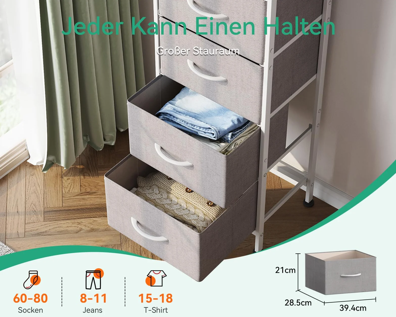 Coleshome Komoda do sypialni z 5 szufladami tkanina jasnoszara