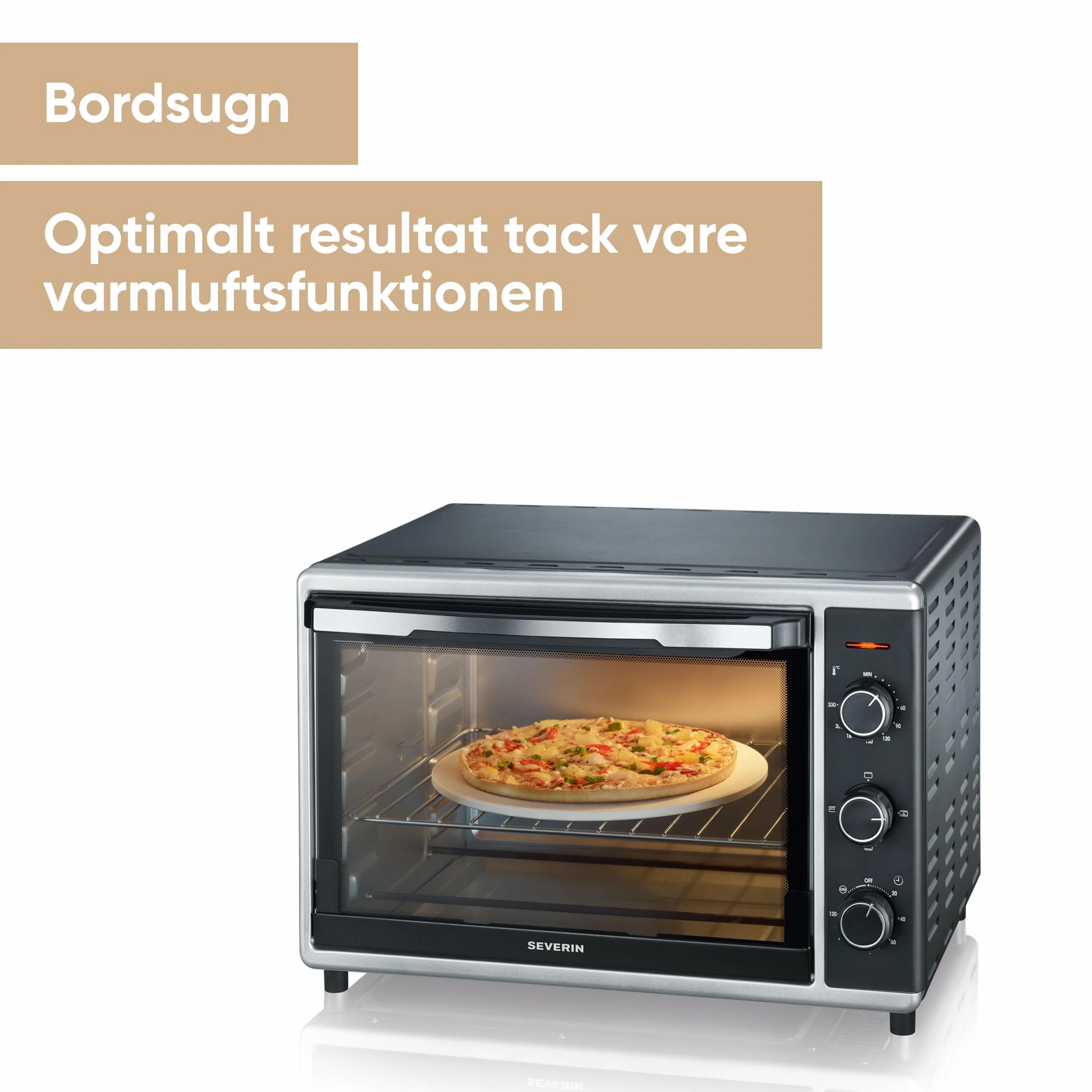 SEVERIN Piec do pieczenia i tostów z funkcją termoobiegu, mini piekarnik z rusztem do grillowania, blachą do pieczenia, rożnem obrotowym i kamieniem do pizzy, uniwersalny piec na gorące powietrze o