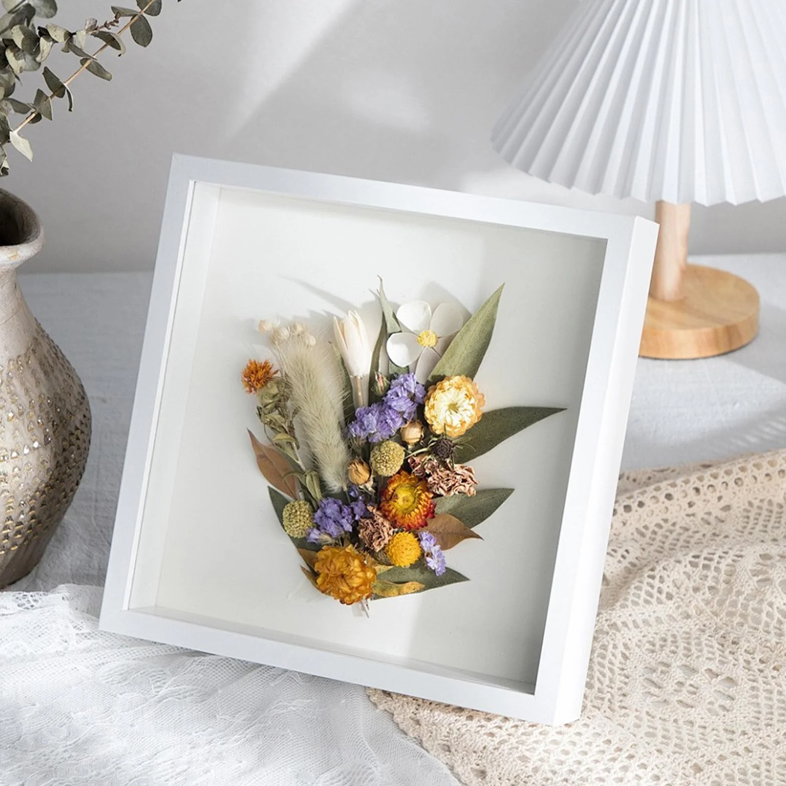 Ramka 3D Shadow Box, 21,6 x 26,7 cm, biała ramka na zdjęcia, spersonalizowana, drewniana, głębokie pudełko na zdjęcie, medal, kolekcja biletów podróżnych, tłoczony kwiat