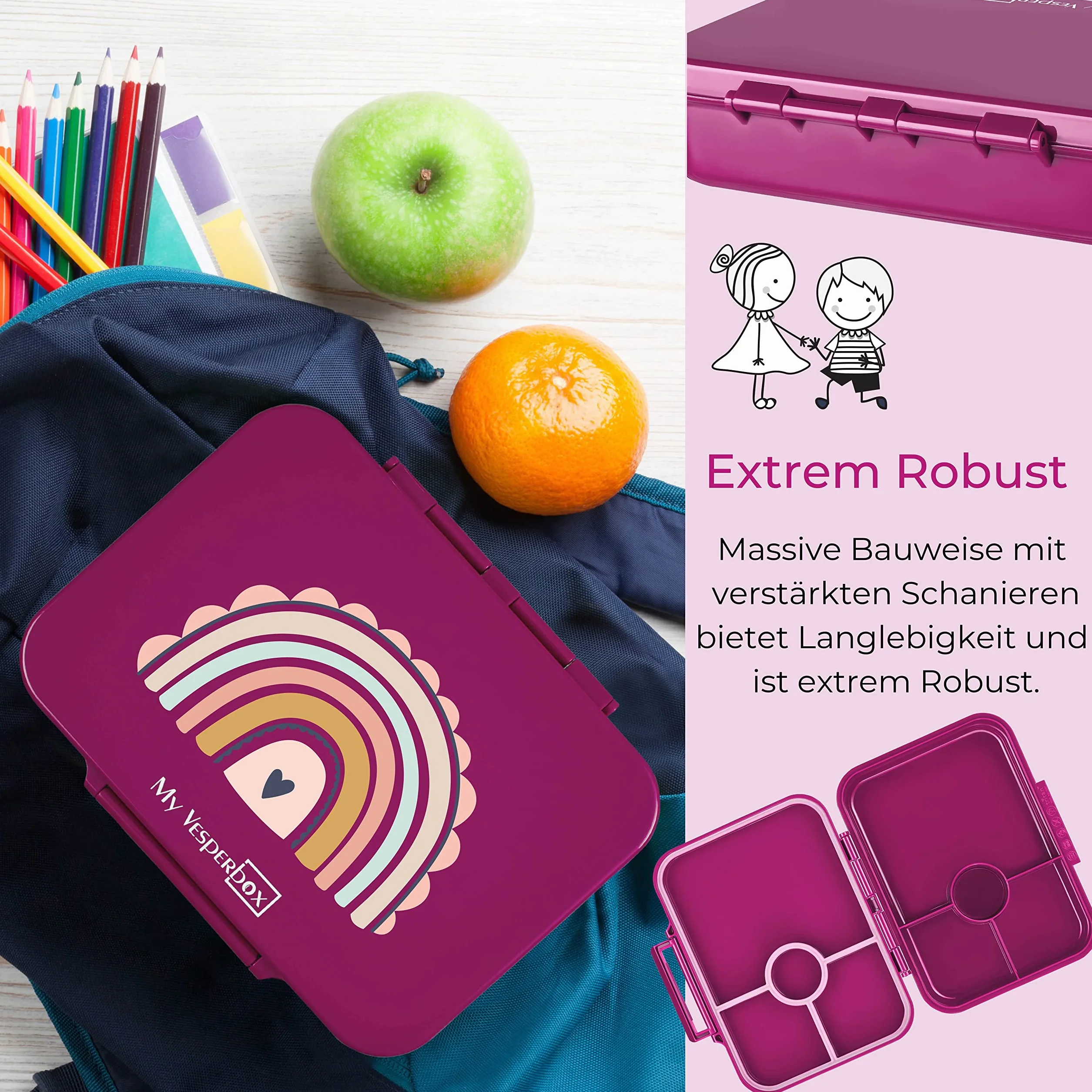 My Vesperbox Bia Bento Box dla dzieci szczelne wolne od BPA wzmocnione zamknięcia fioletowe tęczowe