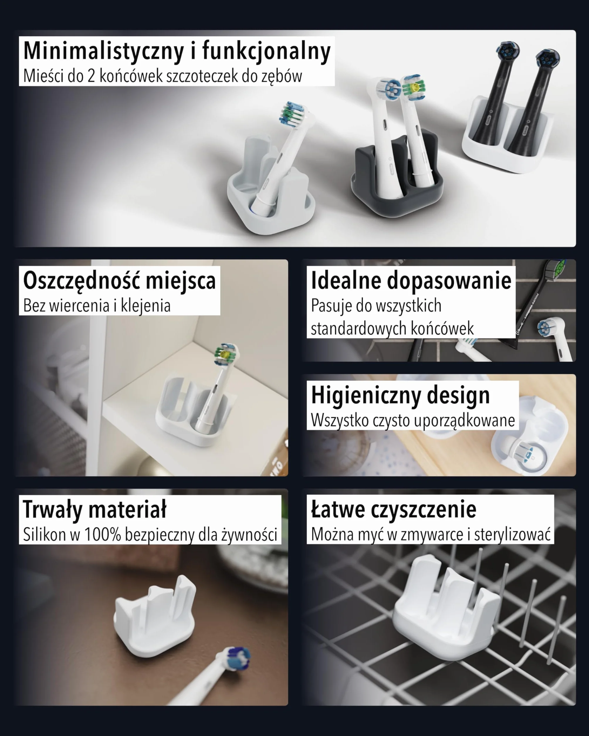 Uchwyt na 2 końcówki do szczoteczek Silikon spożywczy Biały Kompatybilny Oral-B iO Philips Sonicare Waterpik Fairywill