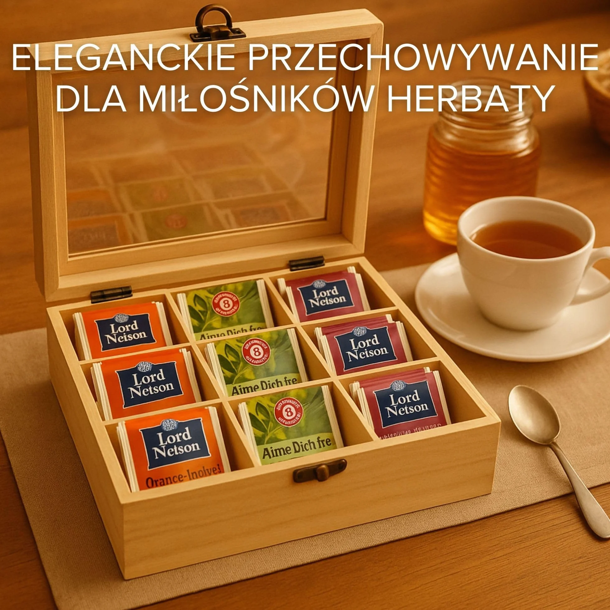 Incutex drewniane pudełko na herbatę organizer 9 przegródek przezroczysta pokrywa jasnobrązowy