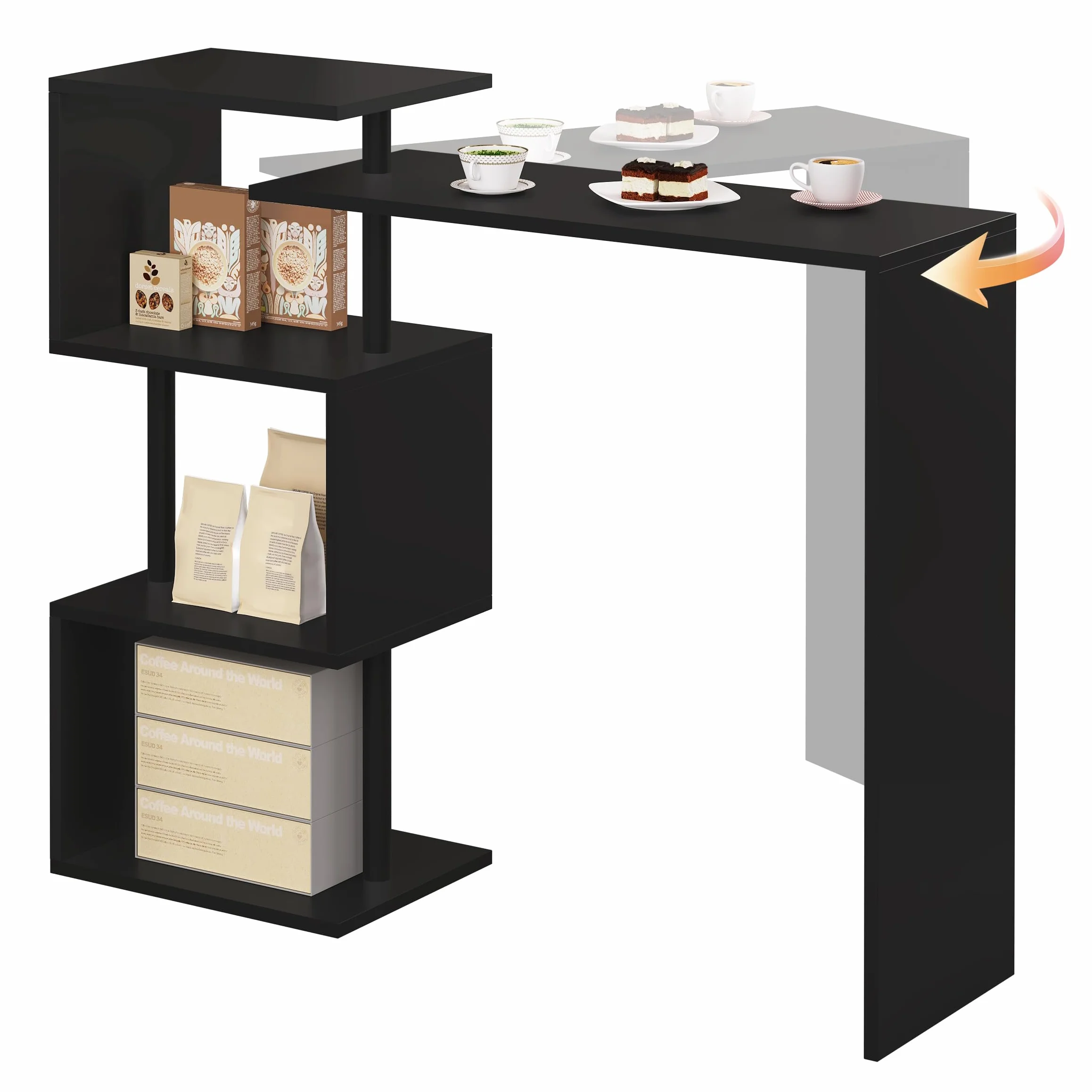 WOLTU Stolik barowy z 3 półkami obrotowy metal MDF 134x112x38 cm czarny