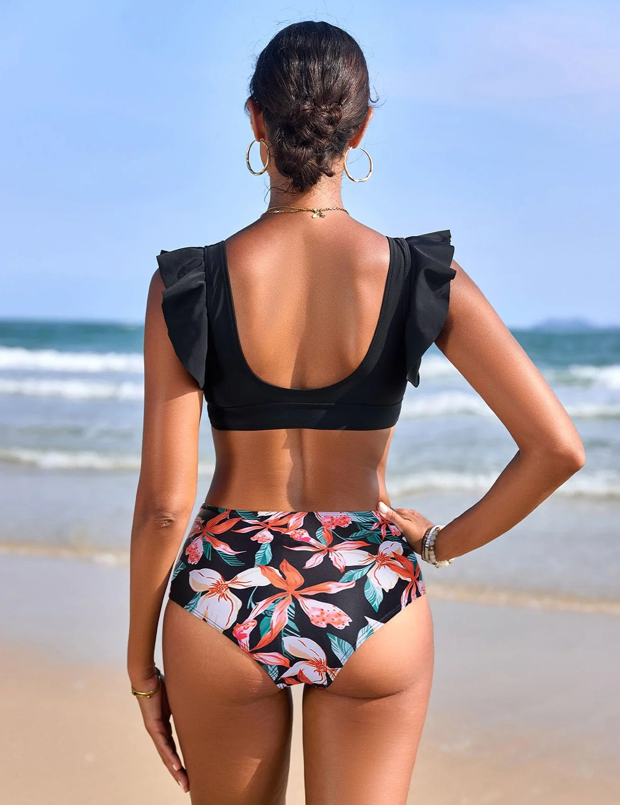 Yuson Girl Damski zestaw bikini z falbankami, głęboki dekolt w serek, dwuczęściowy kostium kąpielowy, wysoka talia, wyszczuplający brzuch, zestaw bikini, seksowny strój kąpielowy, 2-częściowy strój