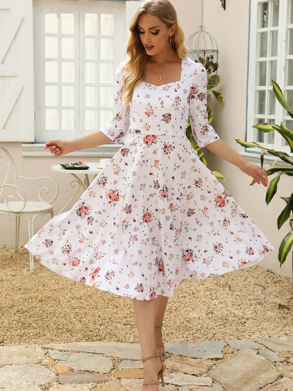 Damskie sukienki midi z nadrukiem kwiatowym kwadratowy kołnierz rękaw 3/4 linia A Party Vestidos styl francuski