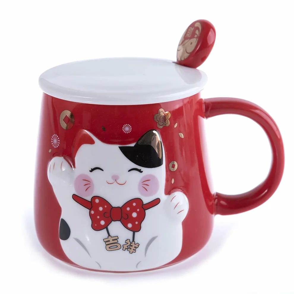 lachineuse - Wytłoczony kubek - Dekoracje Cat Maneki Neko - Czerwony odcień - W towarzystwie łyżki - Japońska dekoracja - Pomysł na prezent Japonia Azja