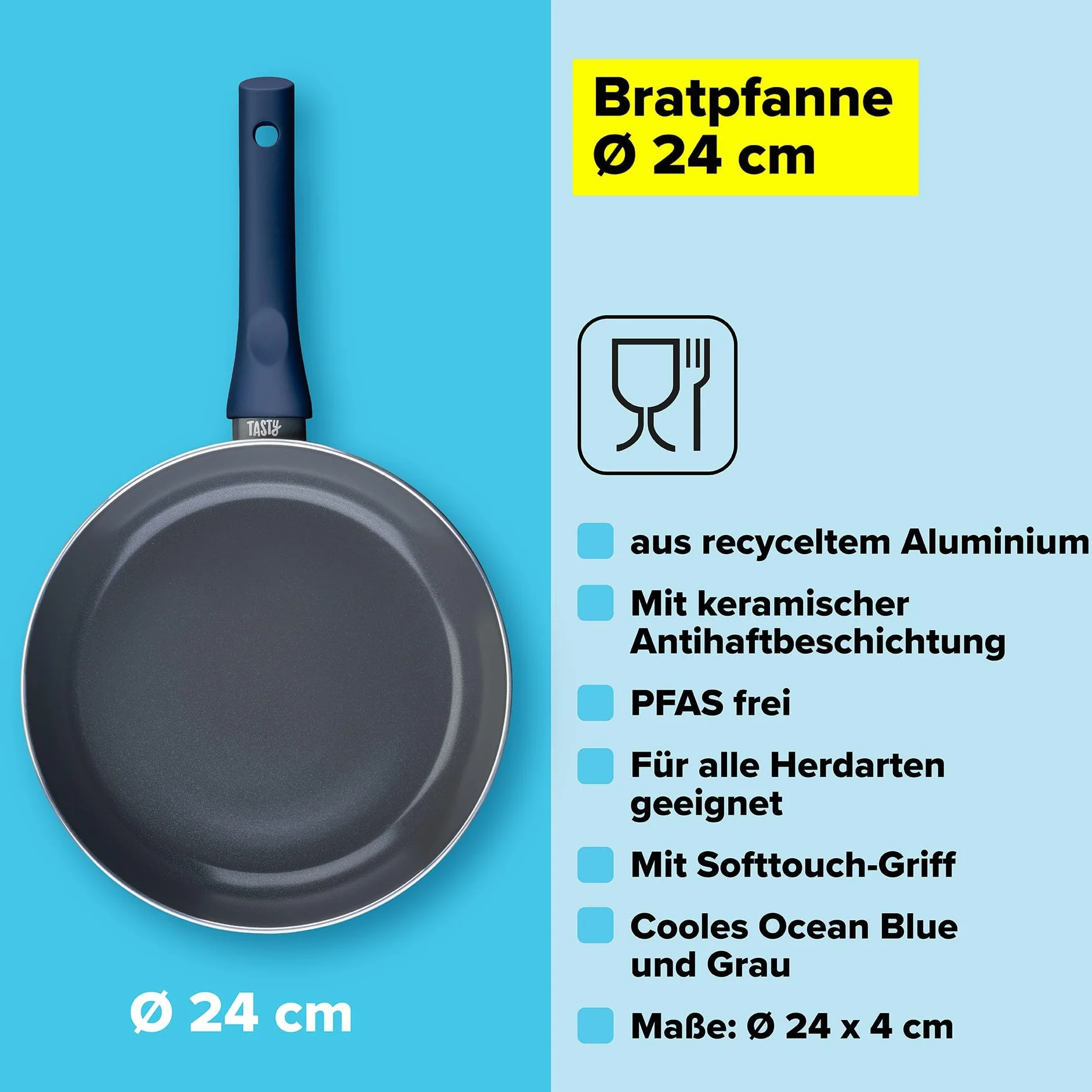Tasty Patelnia nieprzywierająca Ocean Blue 24 cm – Optymalnej jakości patelnia z aluminium pochodzącego z recyklingu z ceramiczną powłoką zapobiegającą przywieraniu, nadaje się również do kuchenek