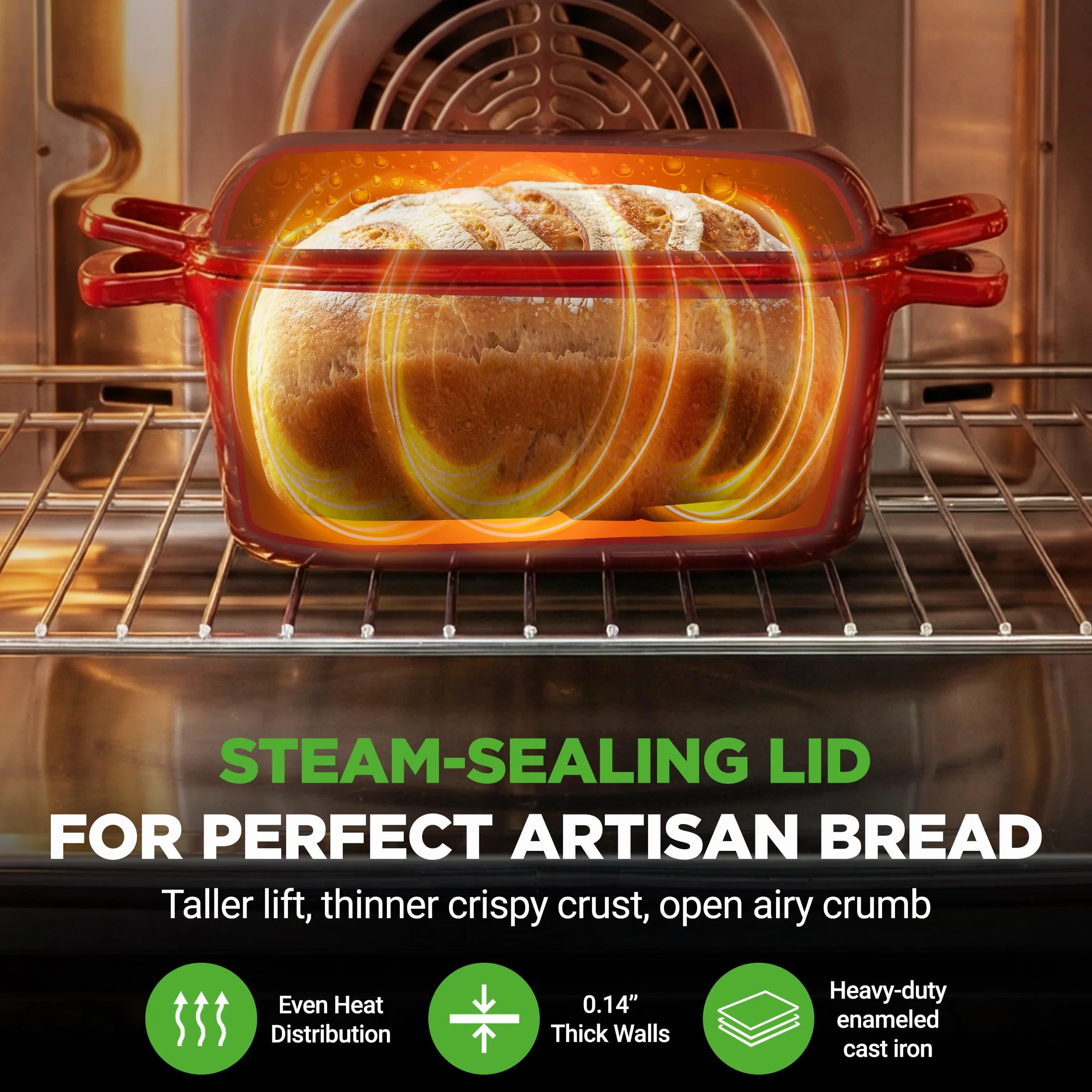 NutriChef 10" emaliowana żeliwna forma do chleba z pokrywką, owalna forma typu Dutch oven z silikonowymi rękawicami, odporna na temperaturę do 260°C, do pieczenia, pieczenia mięs, duszenia, czerwona