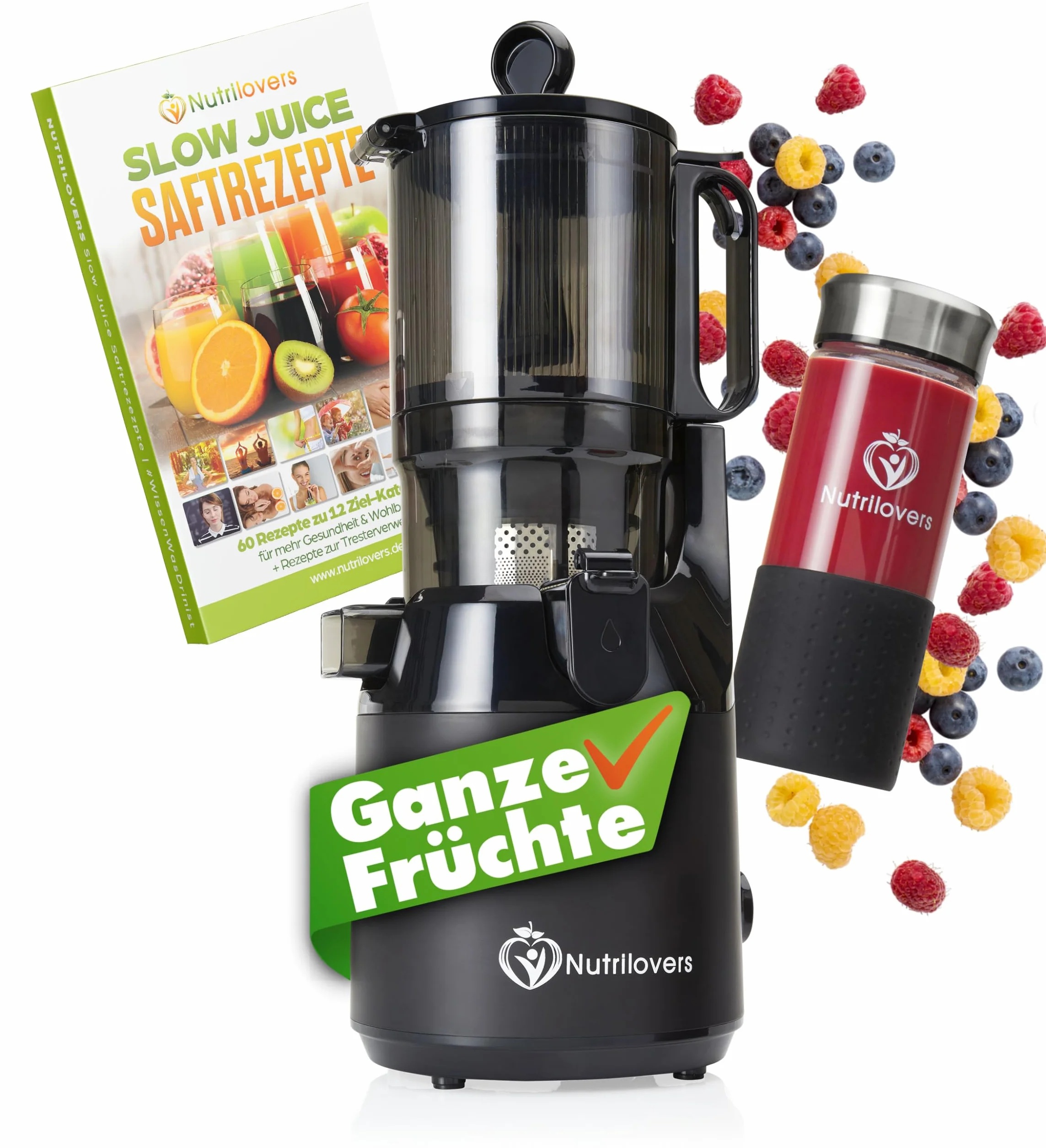 Nutrilovers Sokowirówka Slow Juicer NUTRI-PRESS MAX wyciskanie całych owoców otwór XXL 135 mm, bez BPA, zestaw z butelką